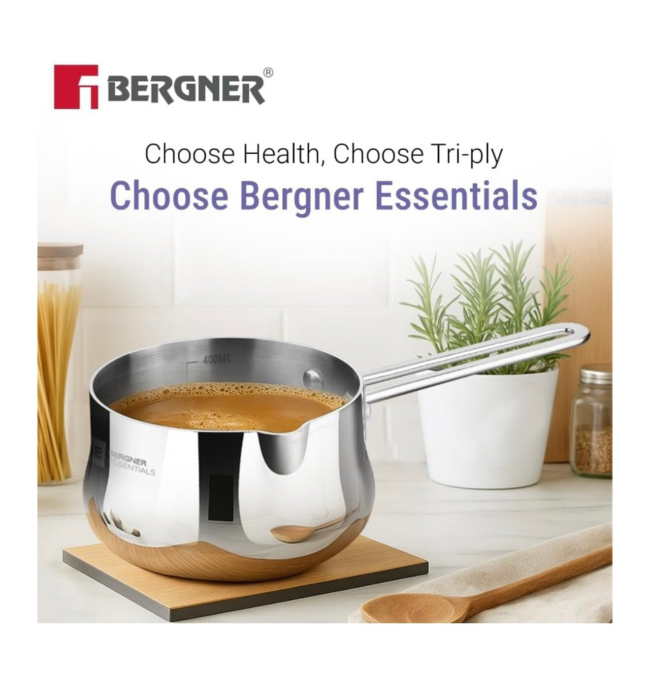 Bergner BE Essentials Tri-Ply 10cm (500ml) Stainless Steel sauce pan Even & Faster Heating, Food Safe, Durable, Easy to Pour, Serve and Clean - Induction Bottom and Gas Stove Ready