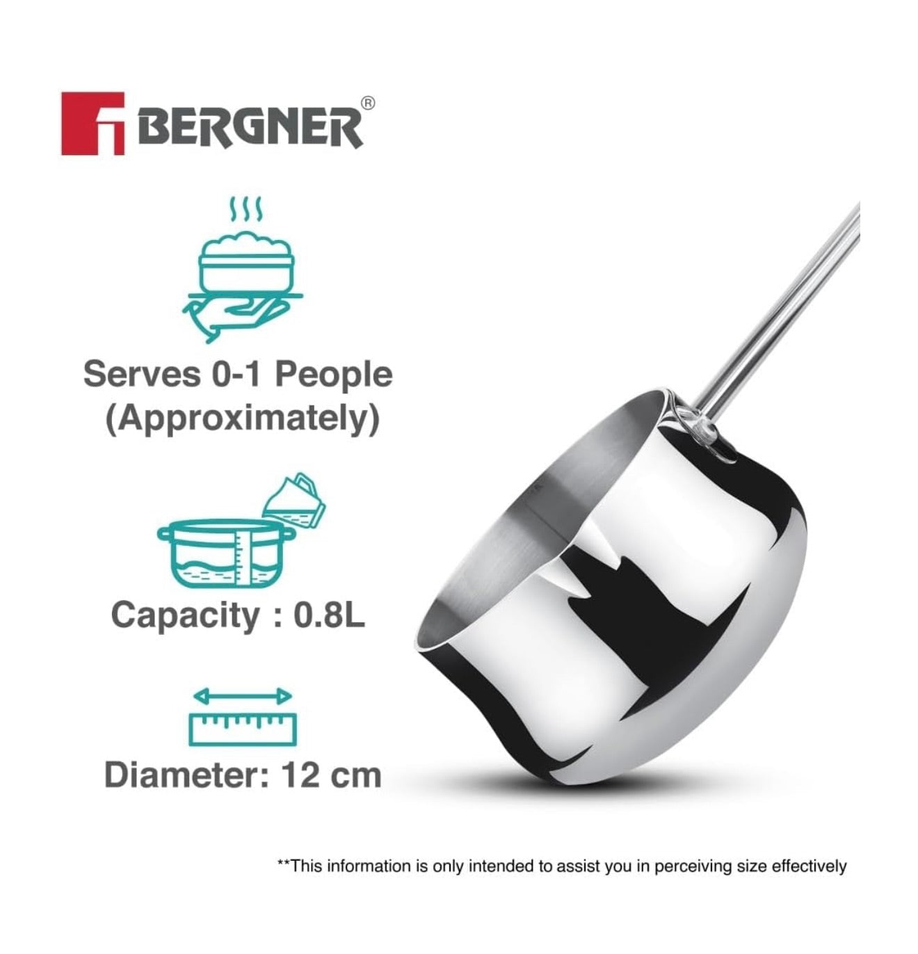 Bergner BE Essentials Tri-Ply 12cm (800ml) Stainless Steel  sauce pan, Even & Faster Heating, Food Safe, Durable, Easy to Pour, Serve and Clean - Induction Bottom and Gas Stove Ready