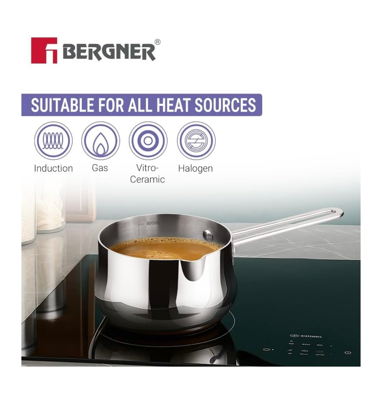Bergner BE Essentials Tri-Ply 12cm (800ml) Stainless Steel  sauce pan, Even & Faster Heating, Food Safe, Durable, Easy to Pour, Serve and Clean - Induction Bottom and Gas Stove Ready