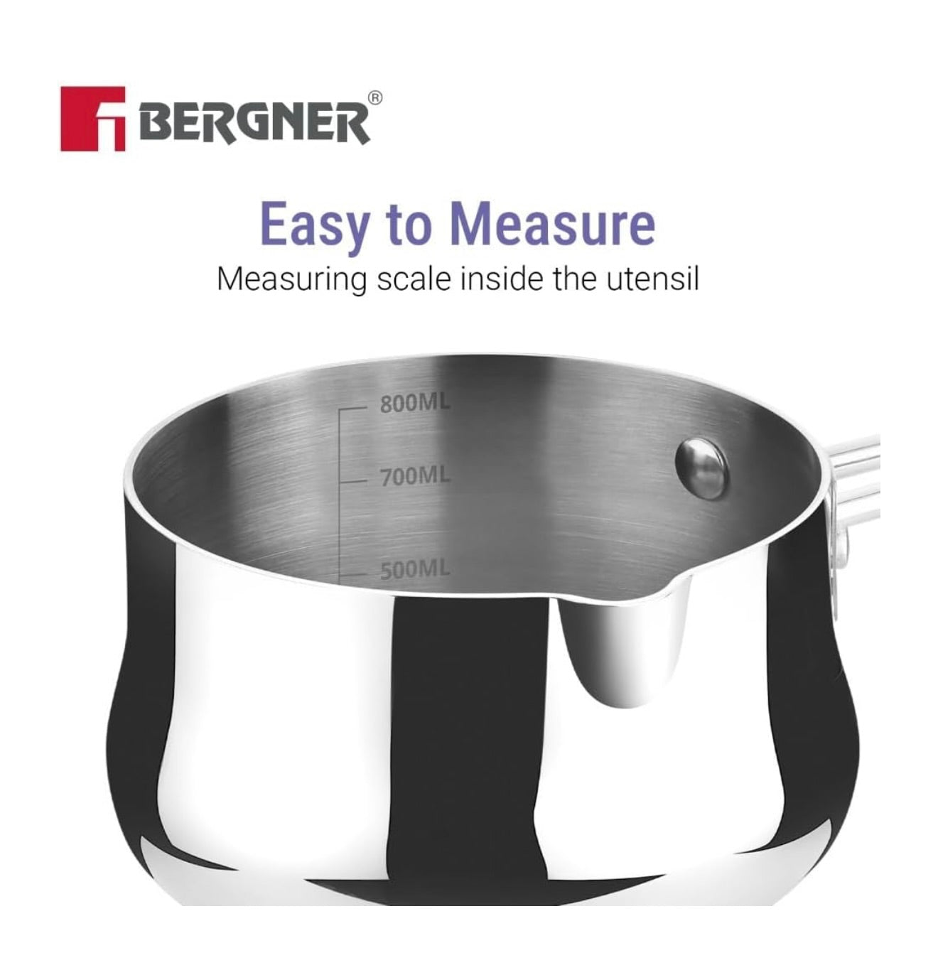 Bergner BE Essentials Tri-Ply 12cm (800ml) Stainless Steel  sauce pan, Even & Faster Heating, Food Safe, Durable, Easy to Pour, Serve and Clean - Induction Bottom and Gas Stove Ready