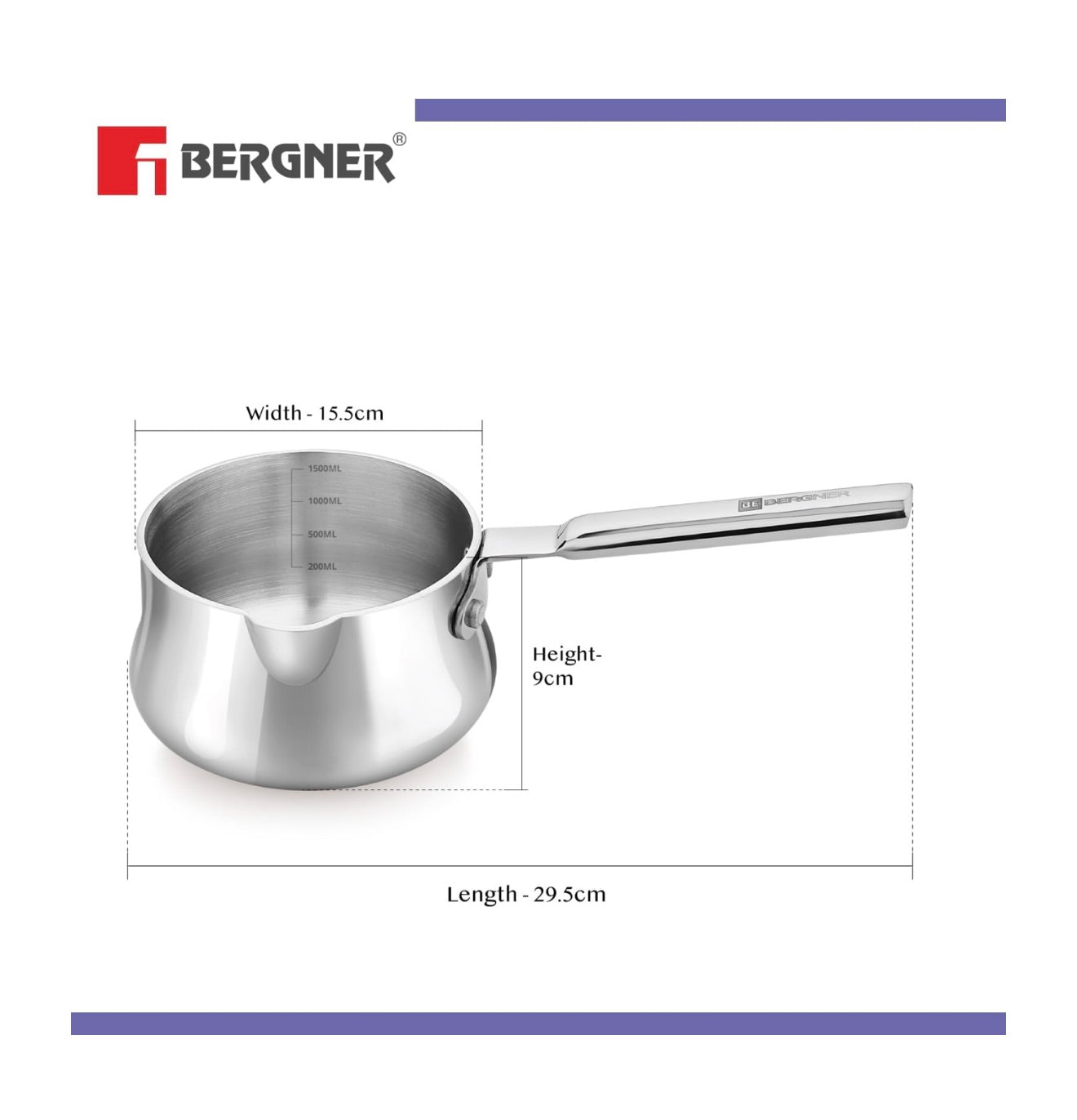 Bergner BE Essentials TriPly 14cm (1.5L) Stainless Steel sauce pan Even and Faster Heating, Easy to Pour, Food Safe, Durable, Easy Cleaning - Induction Bottom and Gas Stove Ready