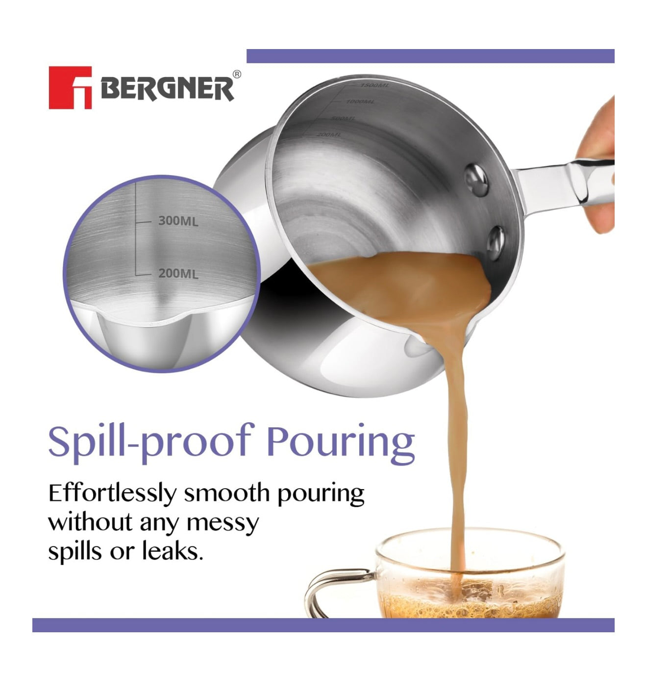 Bergner BE Essentials TriPly 14cm (1.5L) Stainless Steel sauce pan Even and Faster Heating, Easy to Pour, Food Safe, Durable, Easy Cleaning - Induction Bottom and Gas Stove Ready