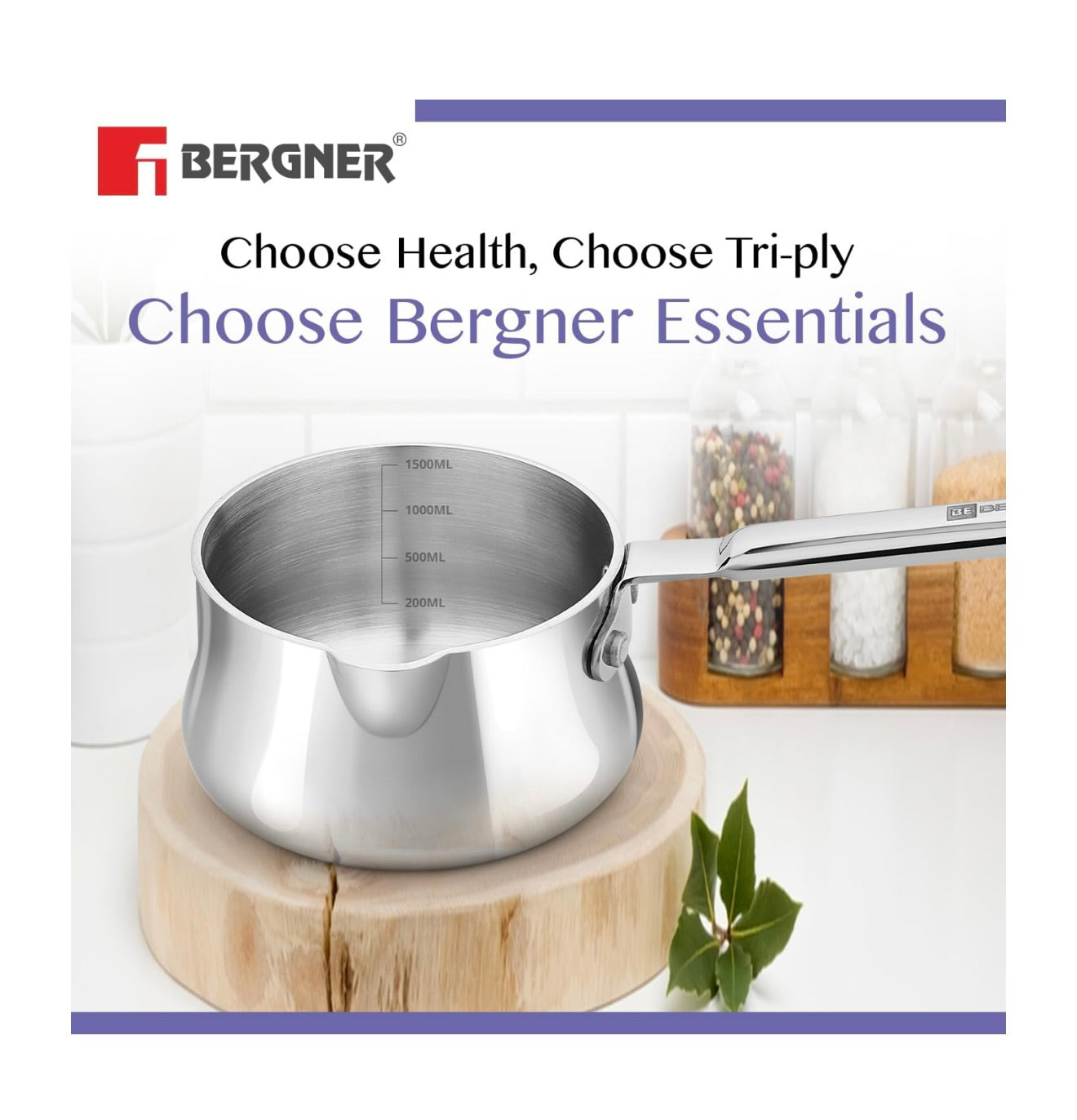 Bergner BE Essentials TriPly 14cm (1.5L) Stainless Steel sauce pan Even and Faster Heating, Easy to Pour, Food Safe, Durable, Easy Cleaning - Induction Bottom and Gas Stove Ready