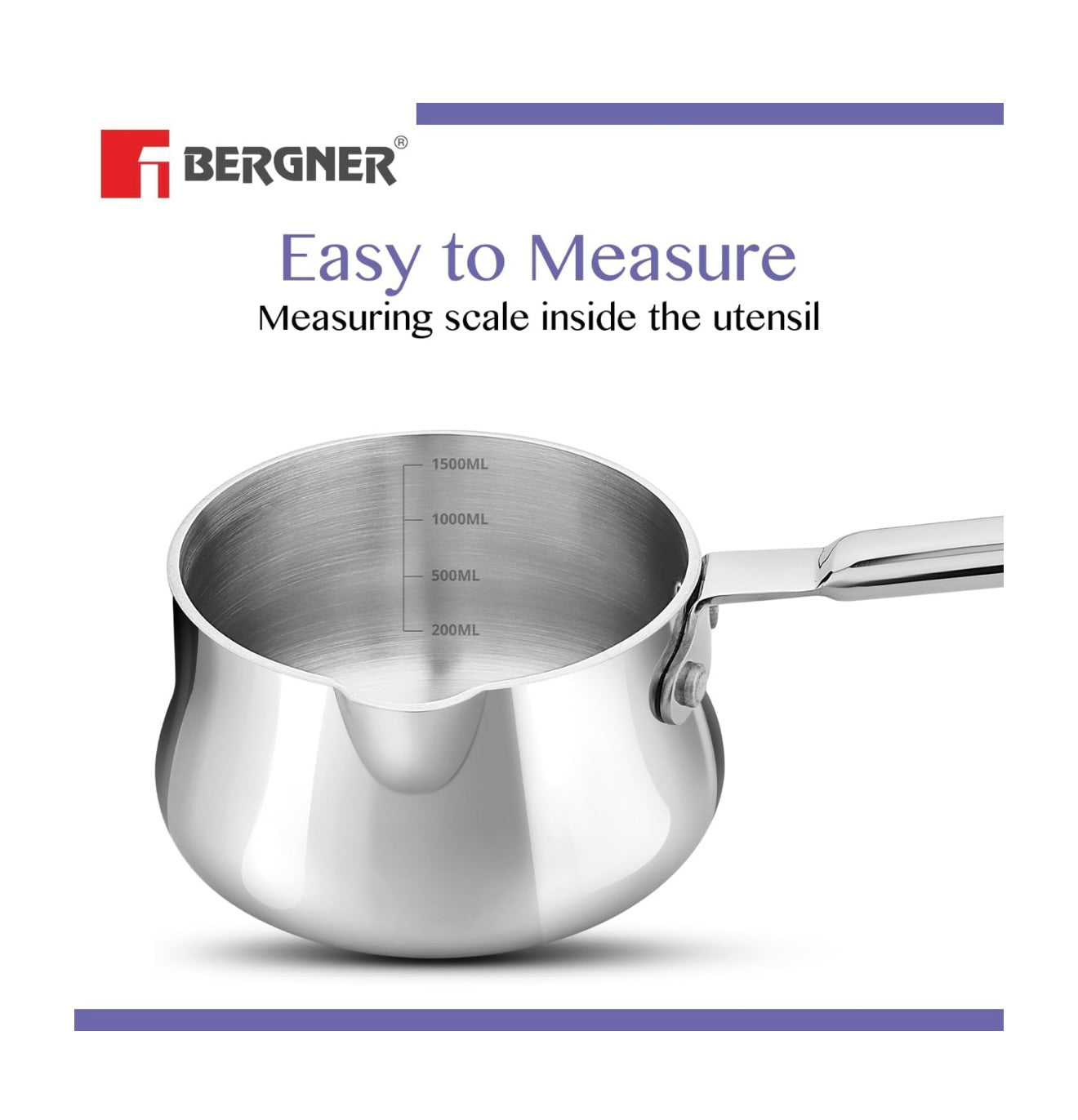 Bergner BE Essentials TriPly 14cm (1.5L) Stainless Steel sauce pan Even and Faster Heating, Easy to Pour, Food Safe, Durable, Easy Cleaning - Induction Bottom and Gas Stove Ready
