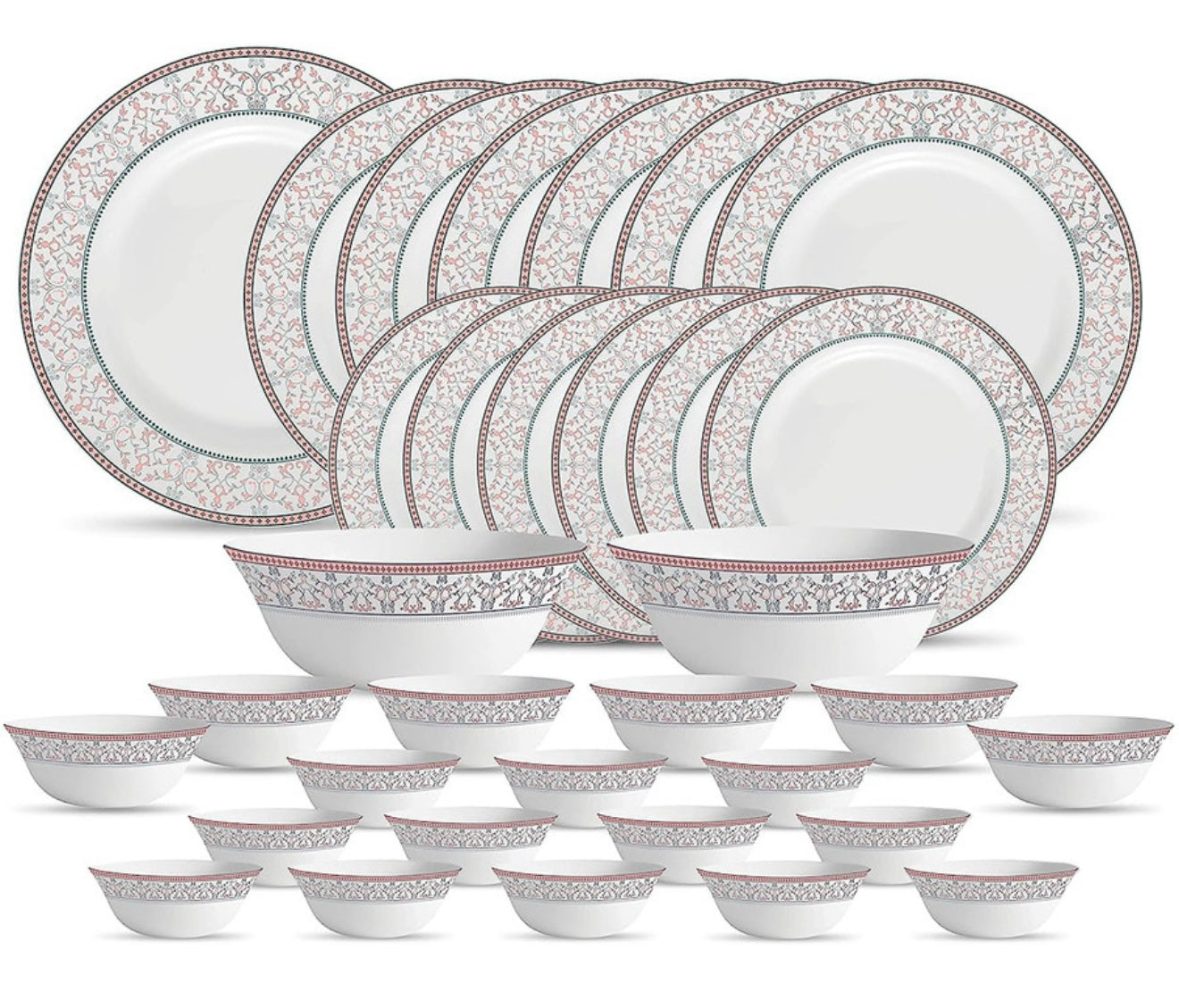 La Opala Glass Floral Dinner Set- Set of 35 Pcs,Moroccan Pink