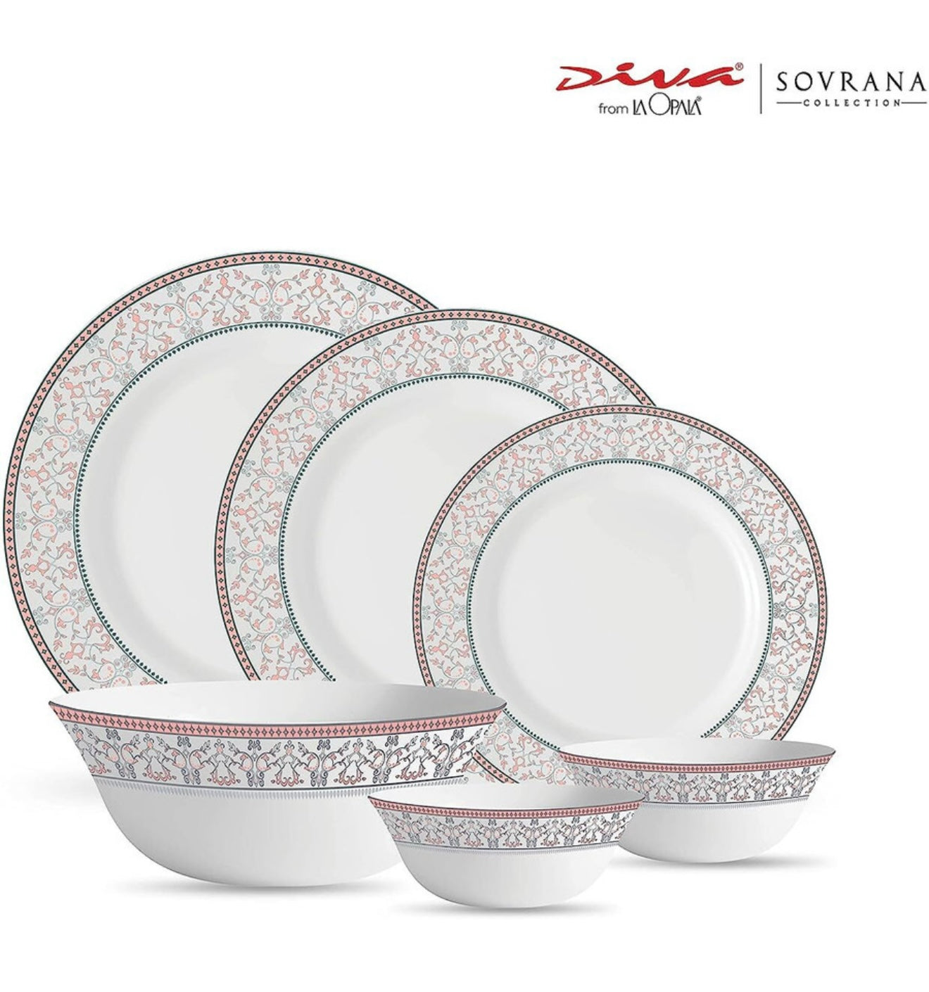 La Opala Glass Floral Dinner Set- Set of 35 Pcs,Moroccan Pink