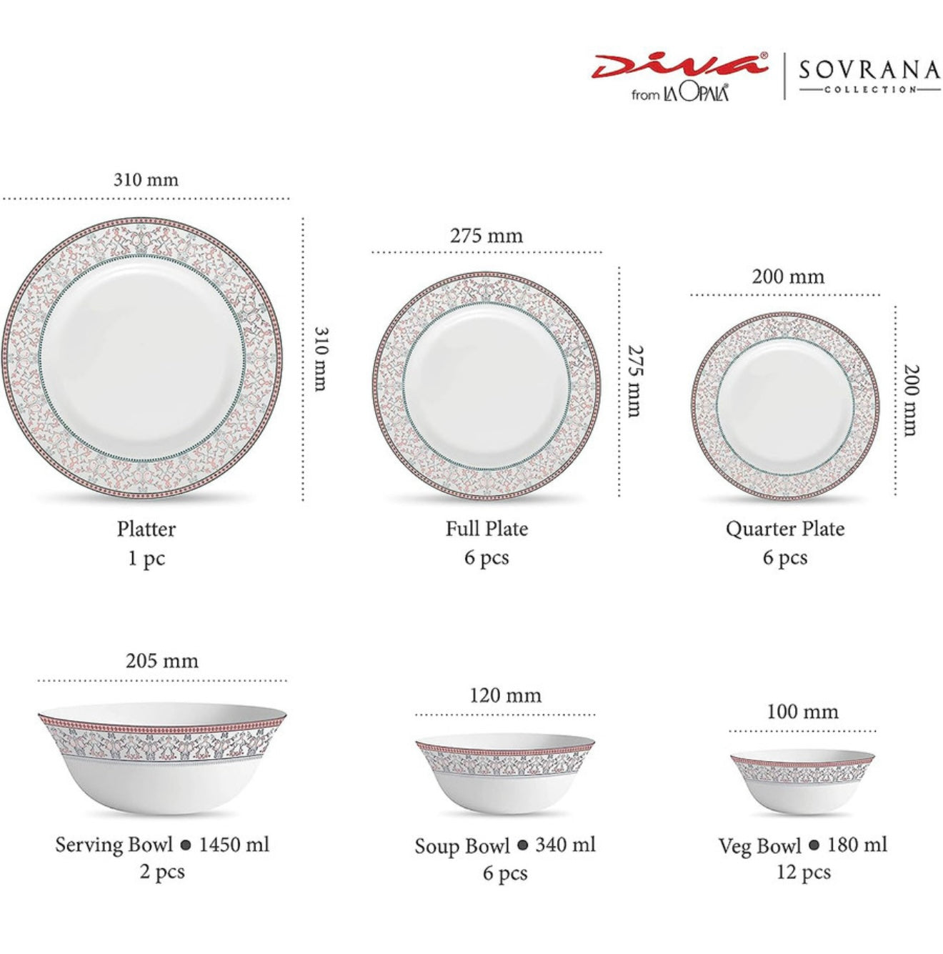 La Opala Glass Floral Dinner Set- Set of 35 Pcs,Moroccan Pink