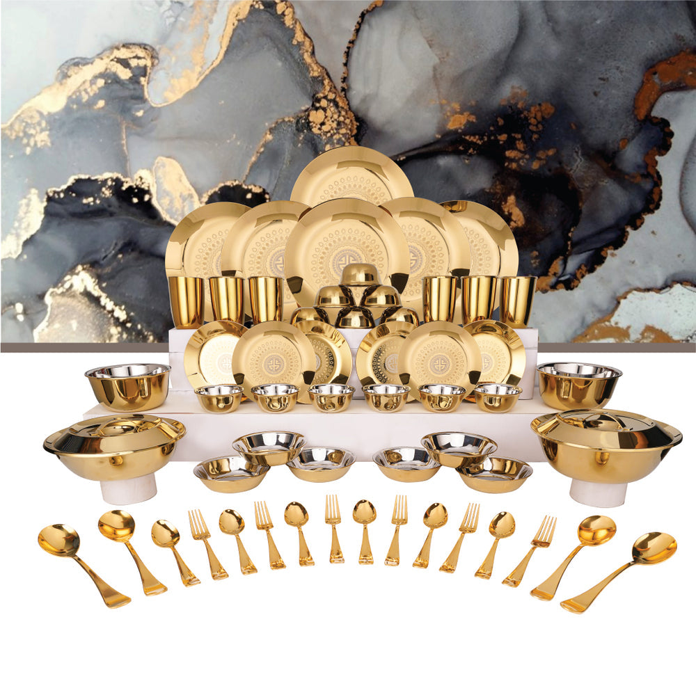 STAINLESS STEEL 64 PCS DINNER SET (6 PEOPLE) WITH GOLD PVD COATING AND LASER SIGNATURE