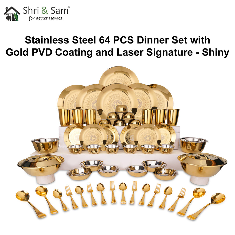 STAINLESS STEEL 64 PCS DINNER SET (6 PEOPLE) WITH GOLD PVD COATING AND LASER SIGNATURE