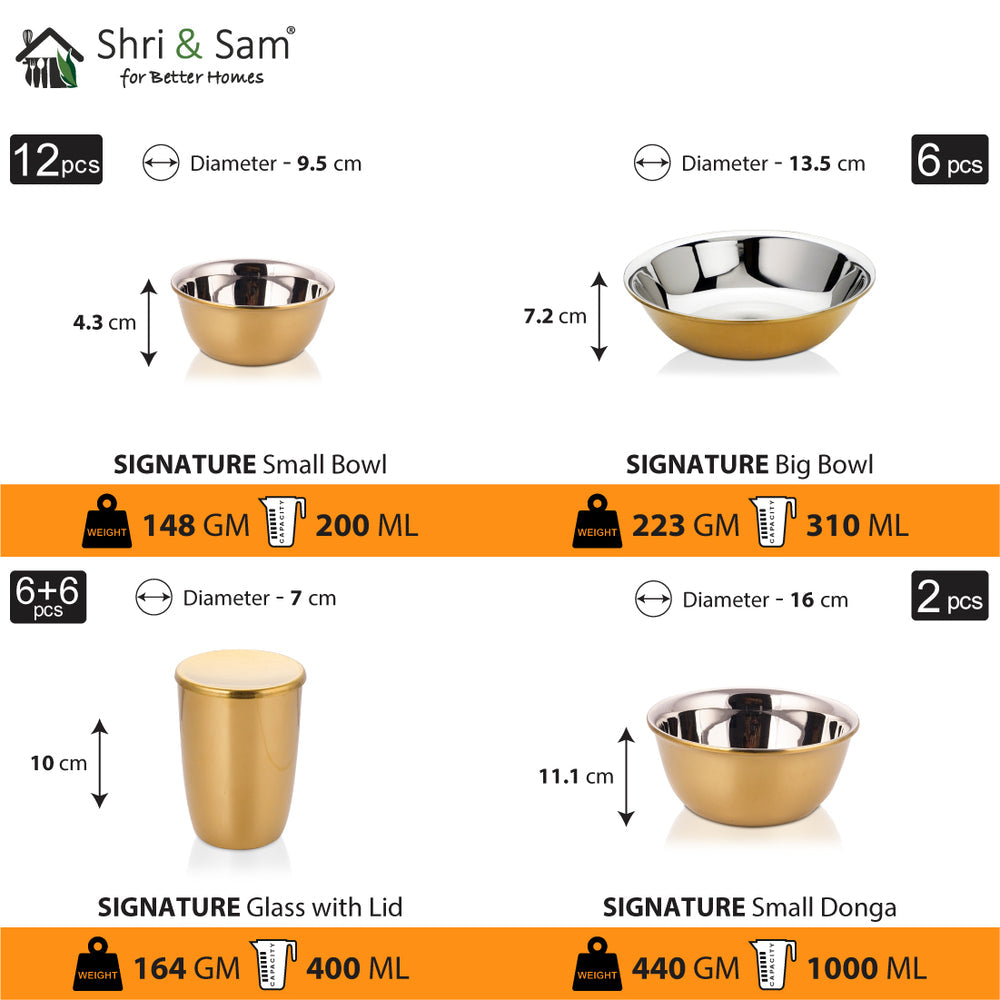 STAINLESS STEEL 64 PCS DINNER SET (6 PEOPLE) WITH GOLD PVD COATING AND LASER SIGNATURE