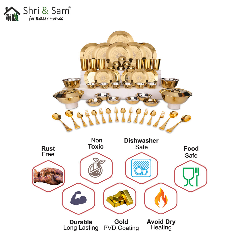 STAINLESS STEEL 64 PCS DINNER SET (6 PEOPLE) WITH GOLD PVD COATING AND LASER SIGNATURE