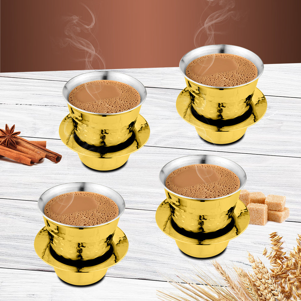 STAINLESS STEEL 4 PCS DOUBLE WALL HAMMERED COFFEE DABRA IN TUMBLER WITH GOLD PVD COATING CONGO