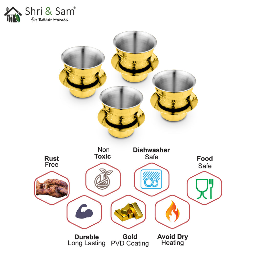 STAINLESS STEEL 4 PCS DOUBLE WALL HAMMERED COFFEE DABRA IN TUMBLER WITH GOLD PVD COATING CONGO
