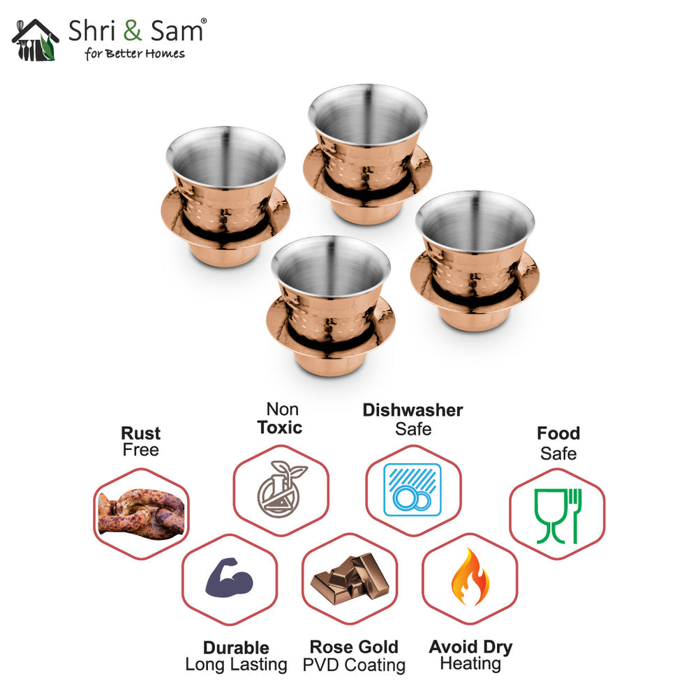 STAINLESS STEEL 4 PCS DOUBLE WALL HAMMERED COFFEE DABRA IN TUMBLER WITH ROSE GOLD PVD COATING CONGO