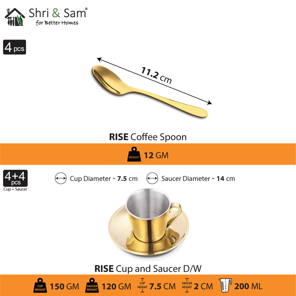 STAINLESS STEEL 4 PCS DOUBLE WALL CUP AND SAUCER WITH GOLD PVD COATING RISE