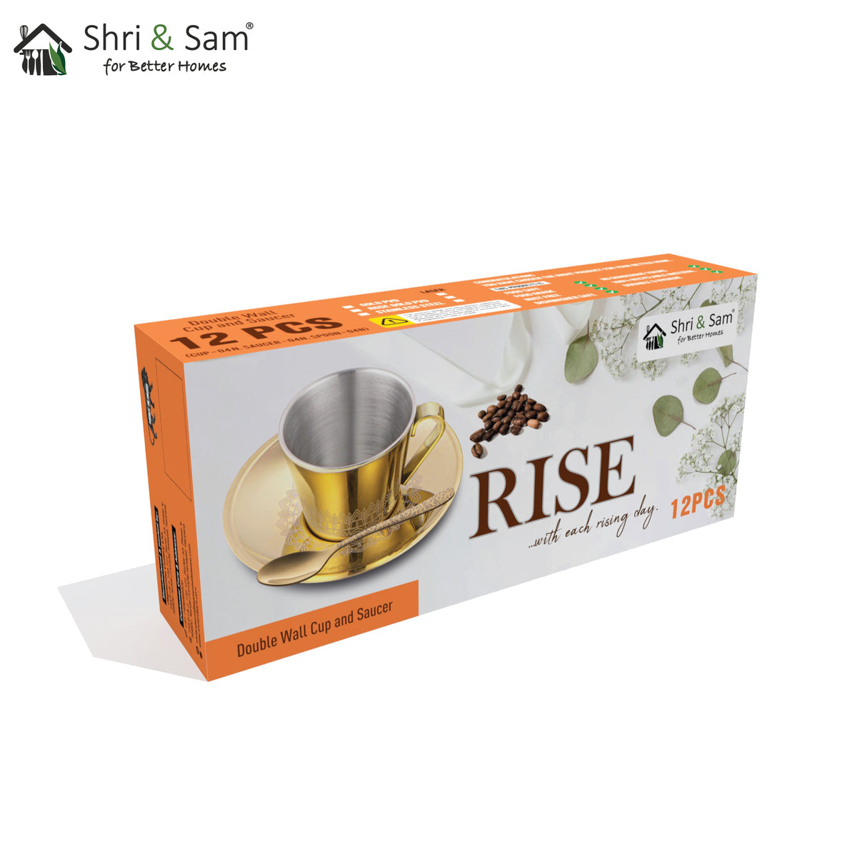 STAINLESS STEEL 4 PCS DOUBLE WALL CUP AND SAUCER WITH GOLD PVD COATING RISE