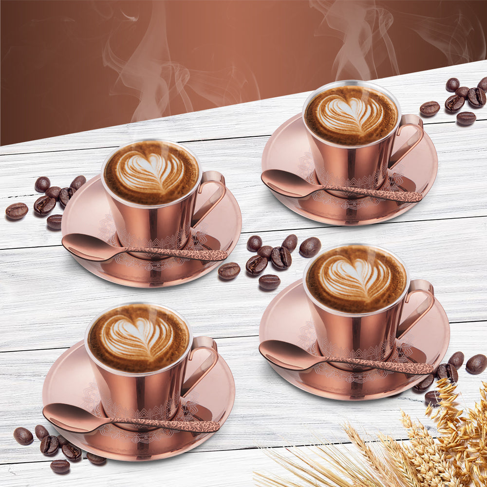 STAINLESS STEEL 4 PCS DOUBLE WALL CUP AND SAUCER WITH ROSE GOLD PVD COATING & LASER RISE