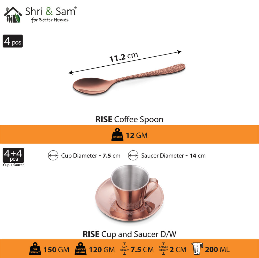 STAINLESS STEEL 4 PCS DOUBLE WALL CUP AND SAUCER WITH ROSE GOLD PVD COATING & LASER RISE