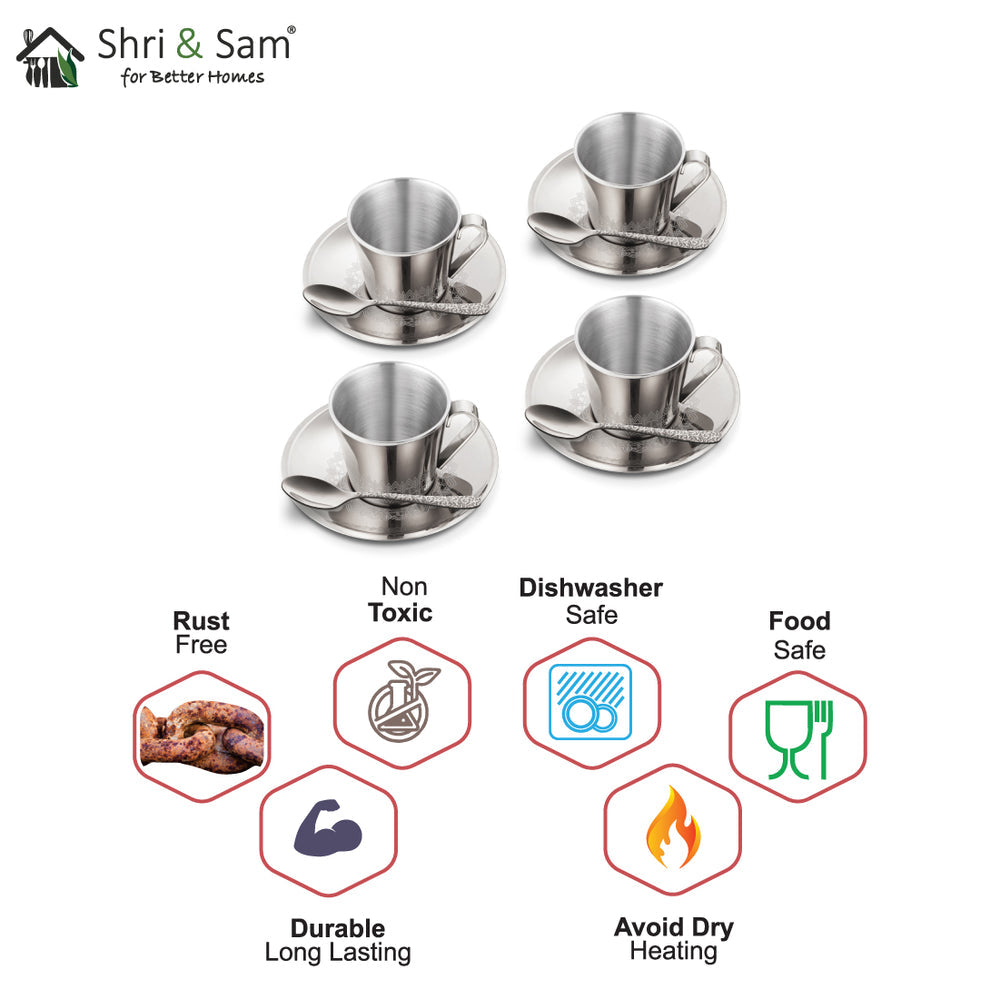 STAINLESS STEEL 4 PCS DOUBLE WALL CUP AND SAUCER WITH LASER RISE
