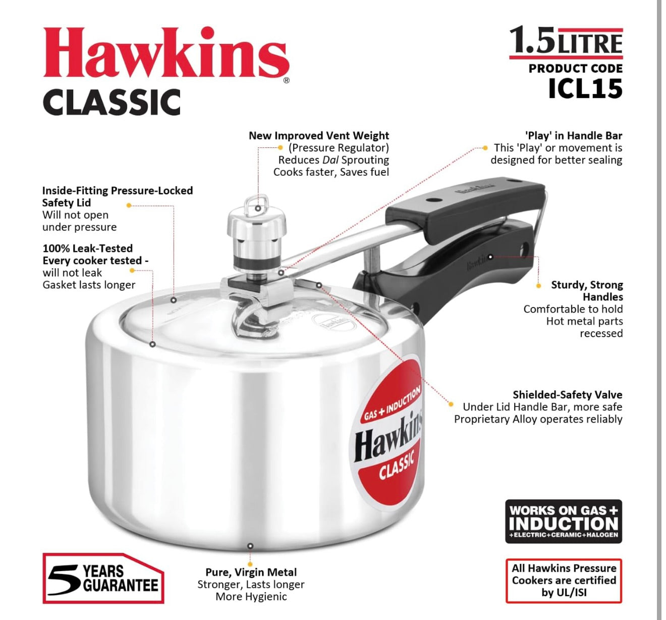 Hawkins 1.5 Litre Classic Pressure Cooker, Induction Inner Lid Baby Cooker, Pan Cooker, Best Cooker, Silver (ICL15)