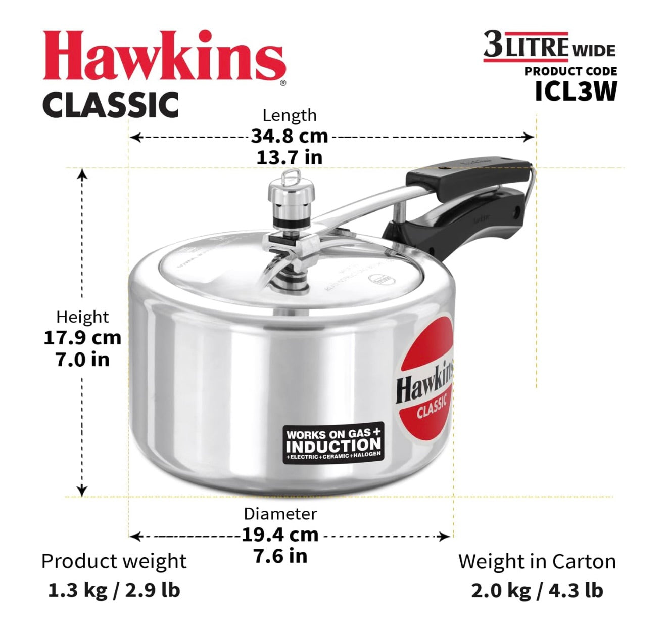 Hawkins Classic 3 Litre Inner Lid Aluminium Pressure Cooker, Induction Cooker, Wide Design Pan Cooker, Best Cooker, Silver (Icl3W), 3 Liter