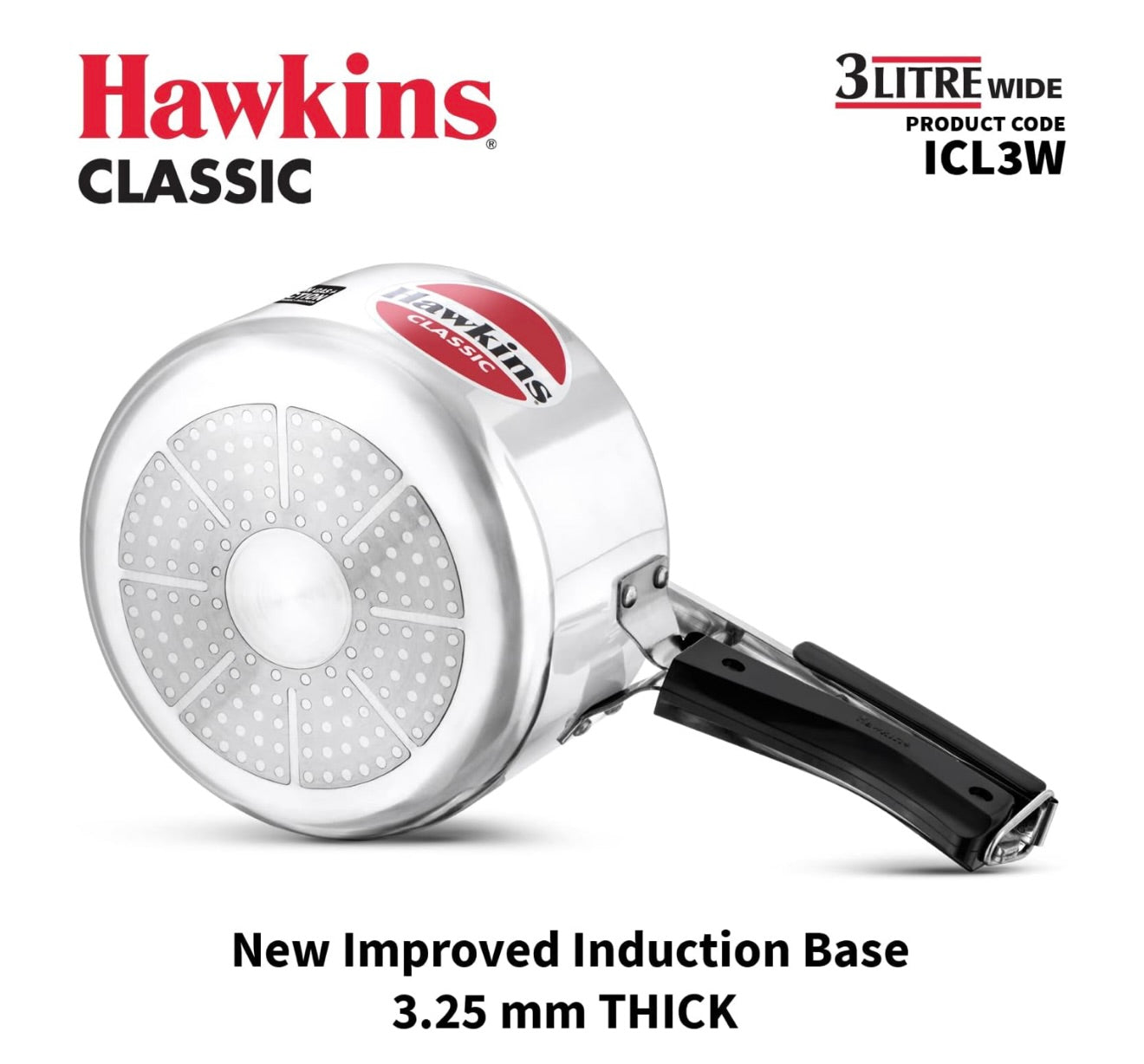 Hawkins Classic 3 Litre Inner Lid Aluminium Pressure Cooker, Induction Cooker, Wide Design Pan Cooker, Best Cooker, Silver (Icl3W), 3 Liter