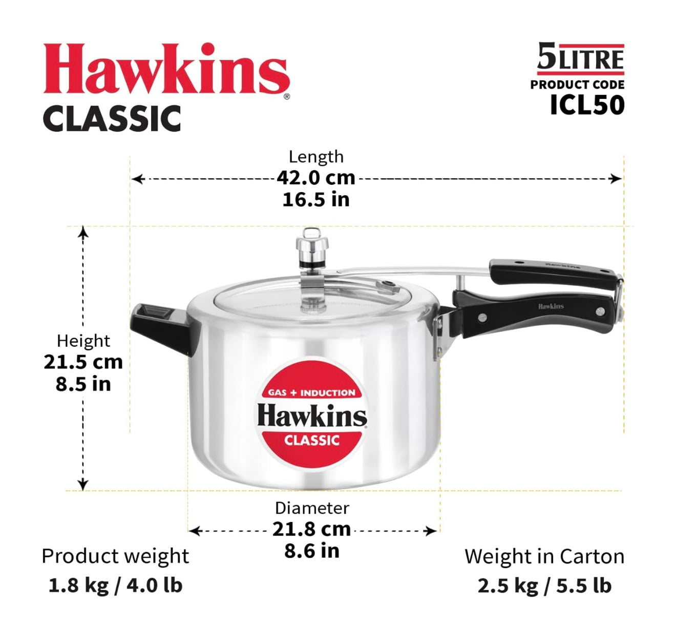 Hawkins Aluminium 5 Litre Classic Pressure Cooker, Induction Inner Lid Cooker, Pan Cooker, Best Cooker, Silver (Icl50)