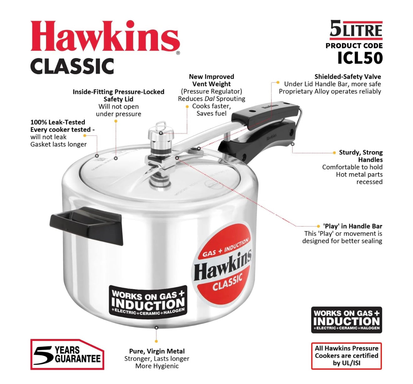 Hawkins Aluminium 5 Litre Classic Pressure Cooker, Induction Inner Lid Cooker, Pan Cooker, Best Cooker, Silver (Icl50)