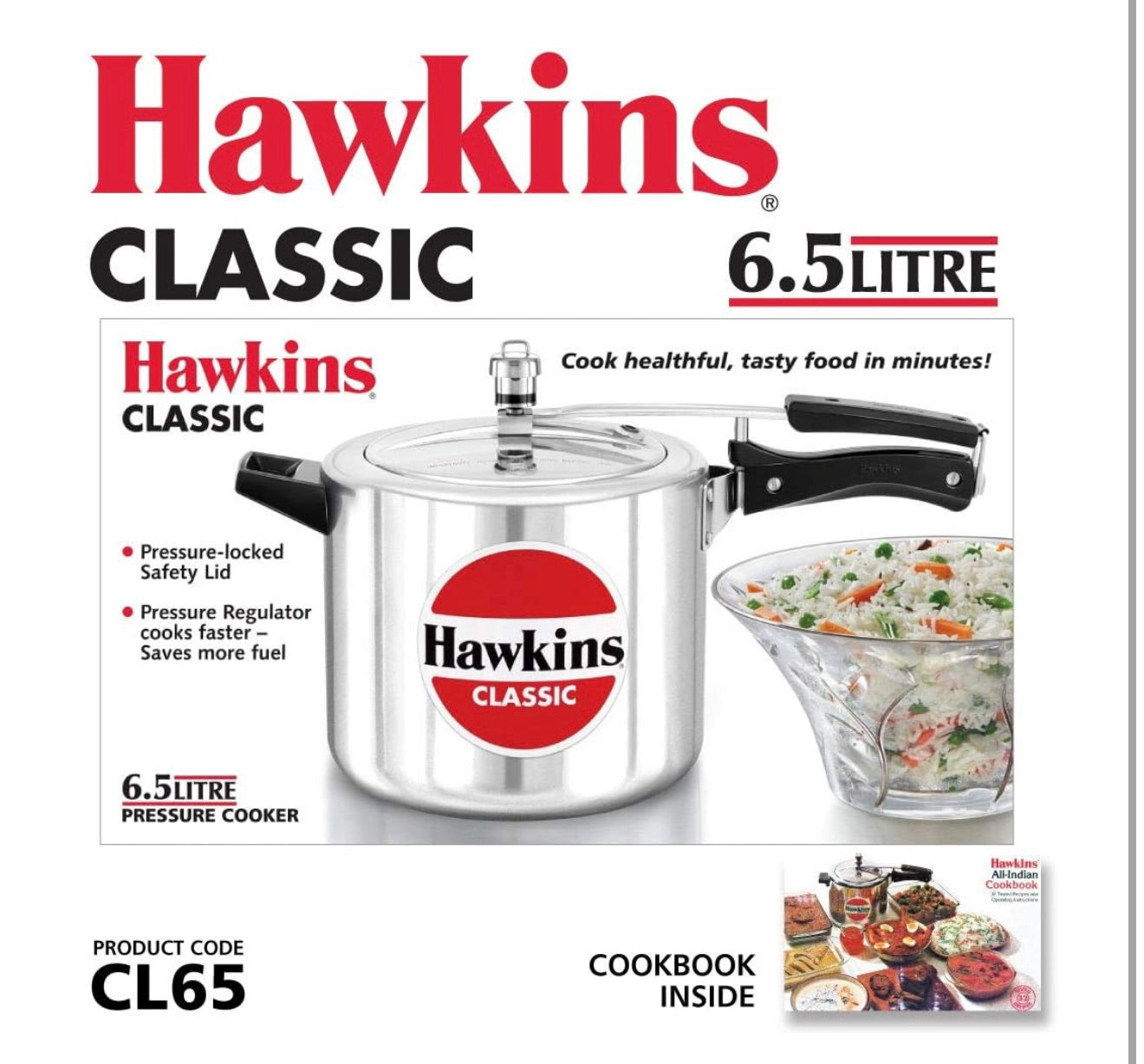 Hawkins Classic Aluminium Inner Lid Pressure Cooker, 6.5 Litre, Silver (Cl65), 6.5 Liter