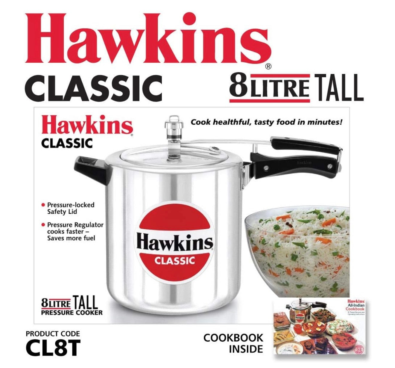 Hawkins Classic Inner Lid Aluminium Pressure Cooker (Tall), 8 Litre, Silver (CL8T