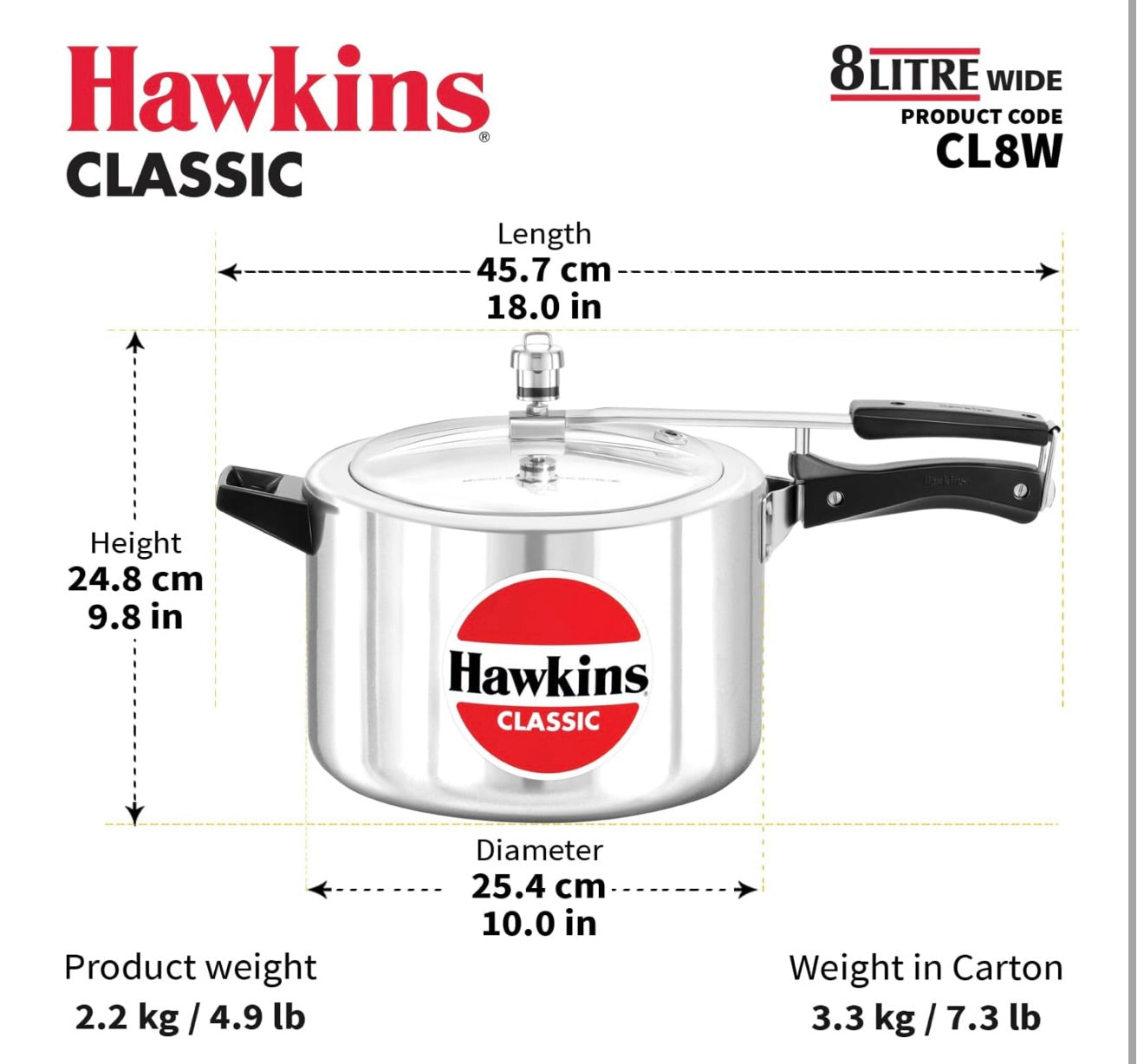 Hawkins Classic 8 Litre Aluminium Inner Lid Pressure Cooker, Wide Design Pan Cooker, Big Cooker, Silver (CL8W)
