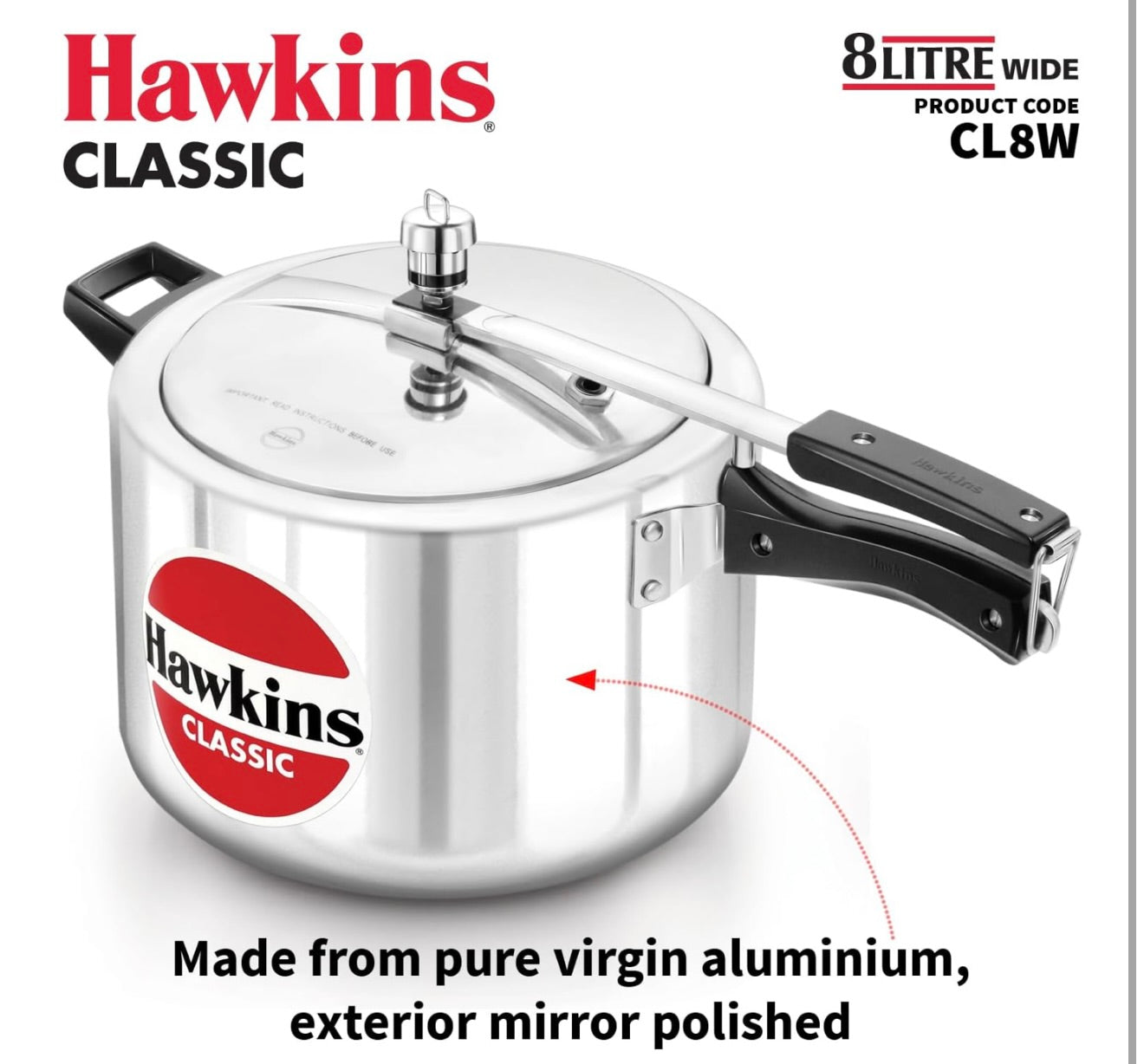 Hawkins Classic 8 Litre Aluminium Inner Lid Pressure Cooker, Wide Design Pan Cooker, Big Cooker, Silver (CL8W)
