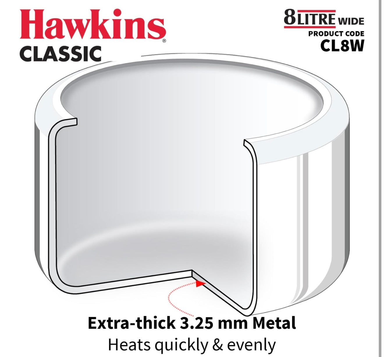 Hawkins Classic 8 Litre Aluminium Inner Lid Pressure Cooker, Wide Design Pan Cooker, Big Cooker, Silver (CL8W)