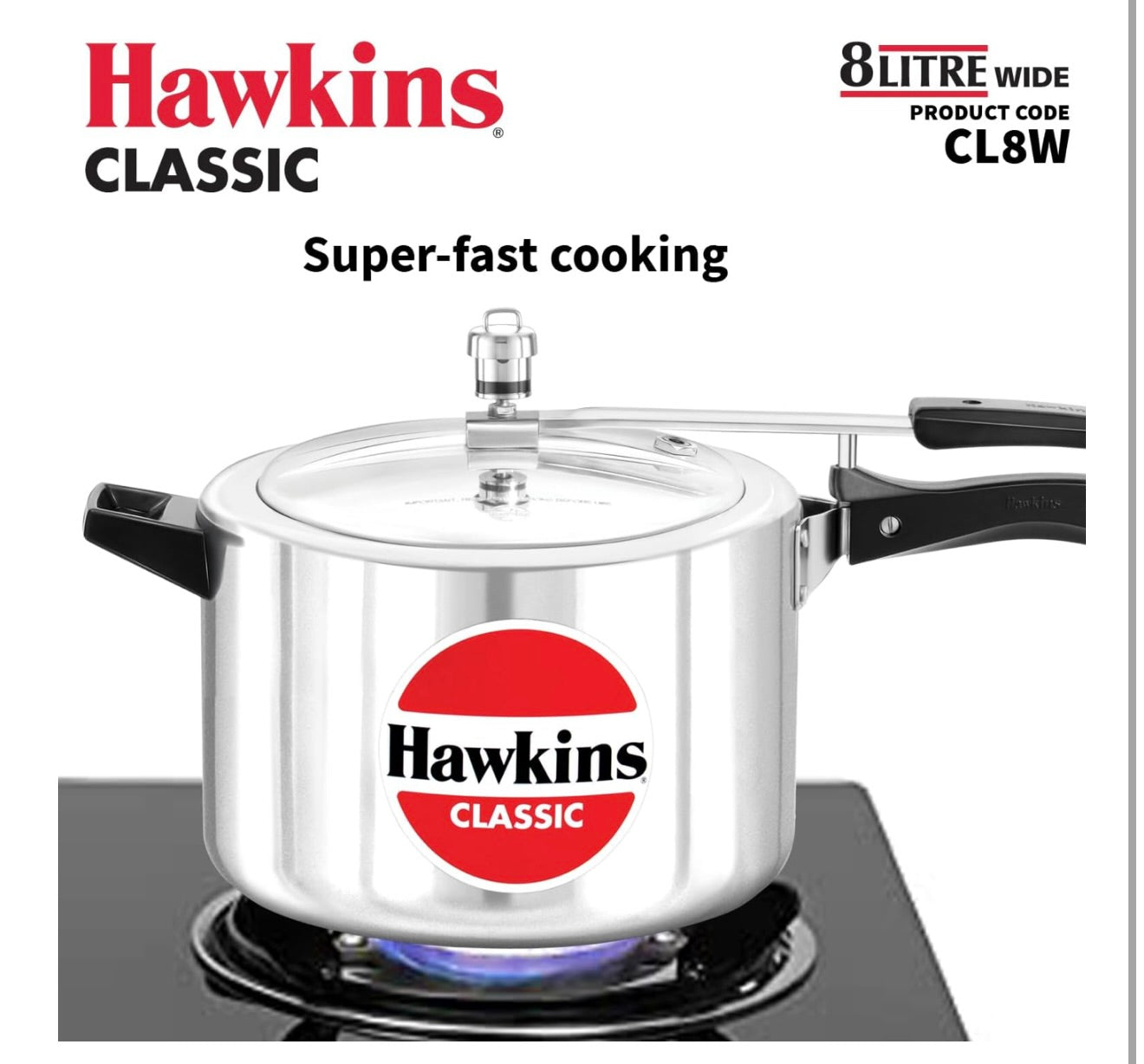 Hawkins Classic 8 Litre Aluminium Inner Lid Pressure Cooker, Wide Design Pan Cooker, Big Cooker, Silver (CL8W)