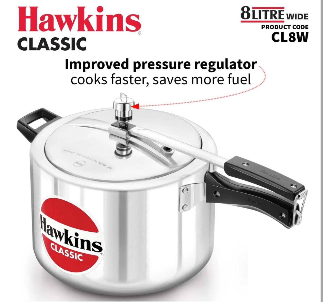 Hawkins Classic 8 Litre Aluminium Inner Lid Pressure Cooker, Wide Design Pan Cooker, Big Cooker, Silver (CL8W)