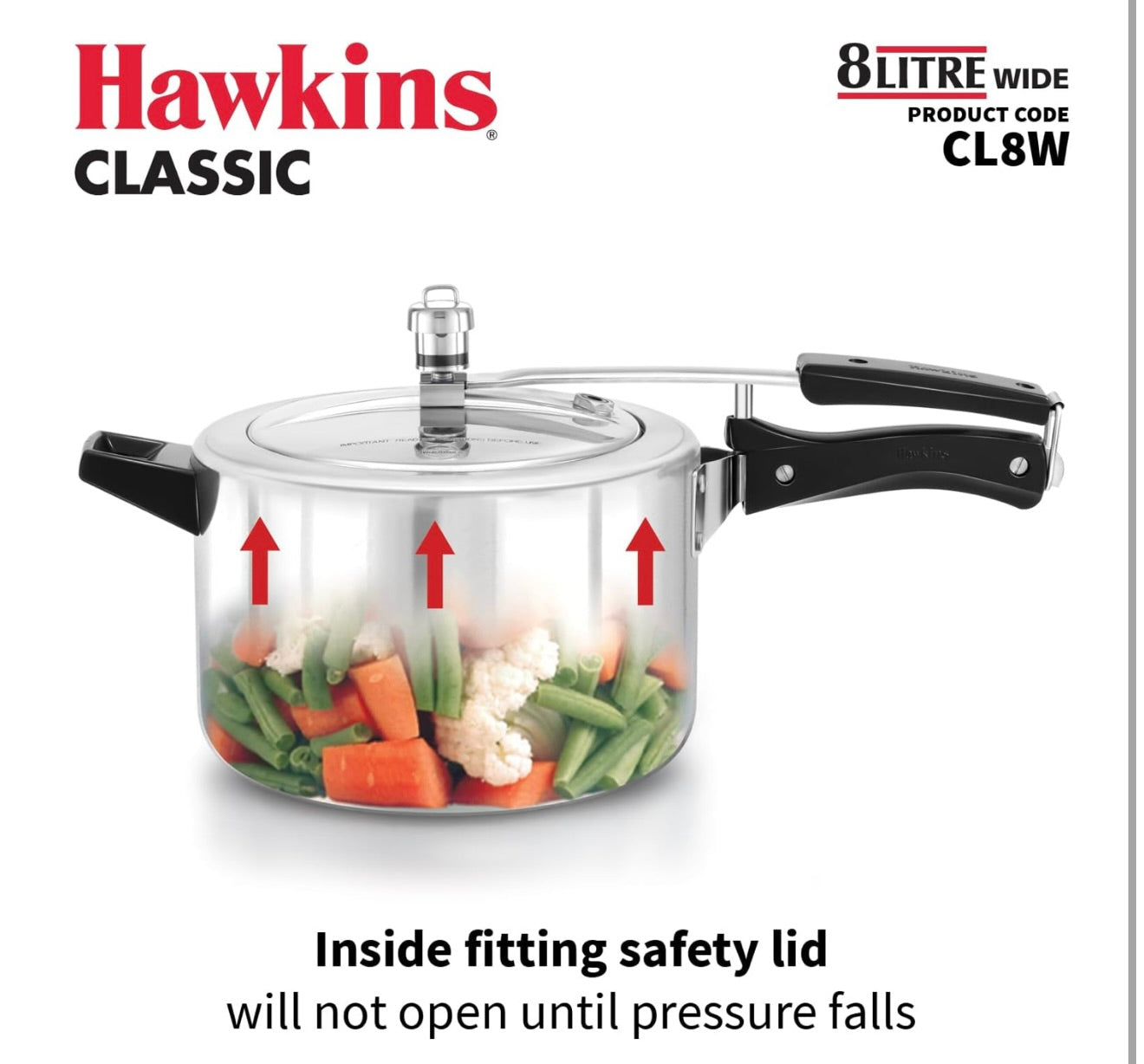 Hawkins Classic 8 Litre Aluminium Inner Lid Pressure Cooker, Wide Design Pan Cooker, Big Cooker, Silver (CL8W)