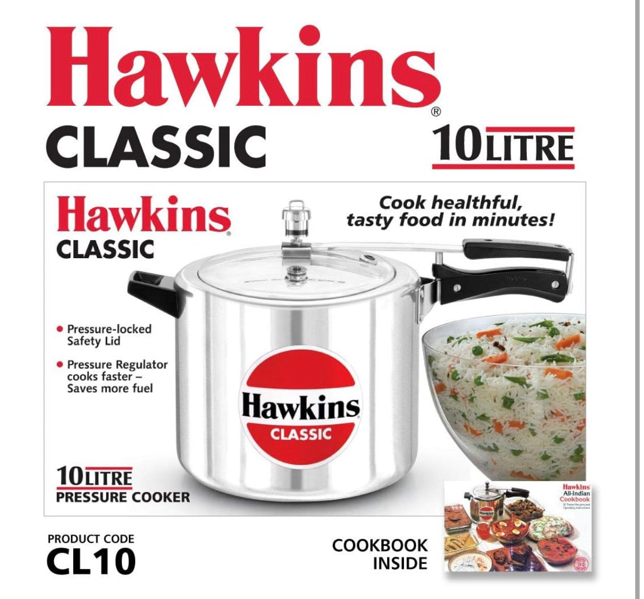 Hawkins Classic Aluminium Inner Lid Pressure Cooker, 10 Litre, Silver (CL10)