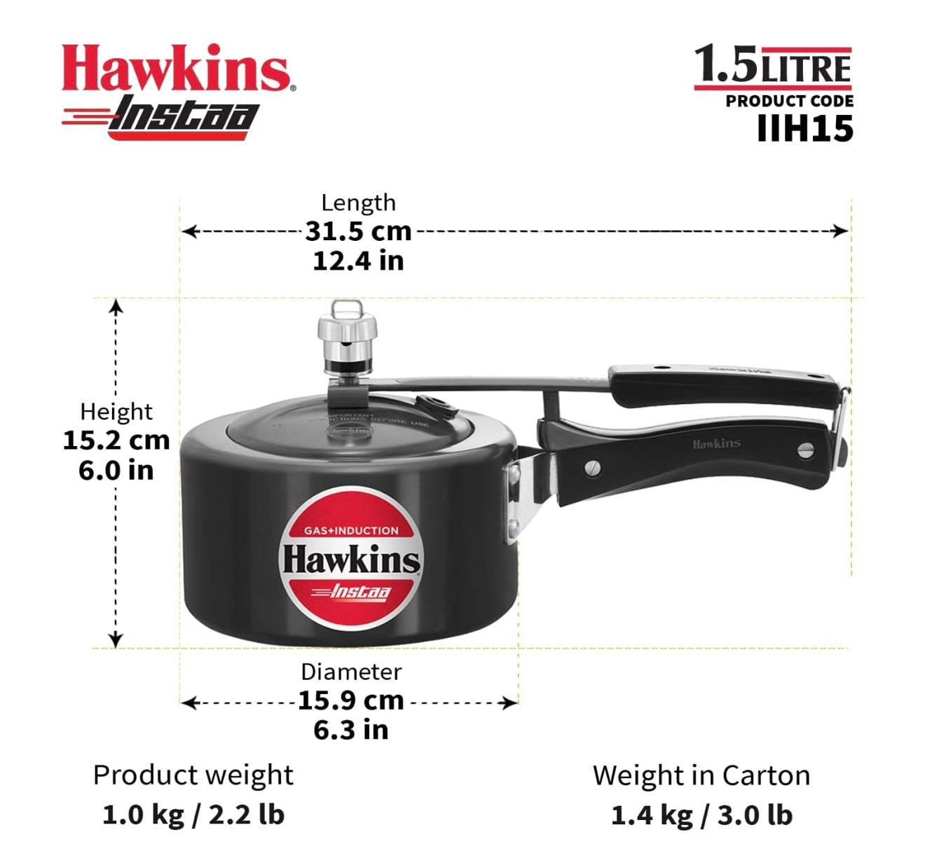 Hawkins 1.5 Litre Instaa Pressure Cooker, Induction Inner Lid Cooker, Tall Body Hard Anodised Baby Cooker, Best Black Cooker, Black (IIH15)