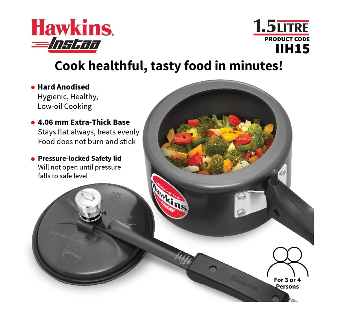Hawkins 1.5 Litre Instaa Pressure Cooker, Induction Inner Lid Cooker, Tall Body Hard Anodised Baby Cooker, Best Black Cooker, Black (IIH15)