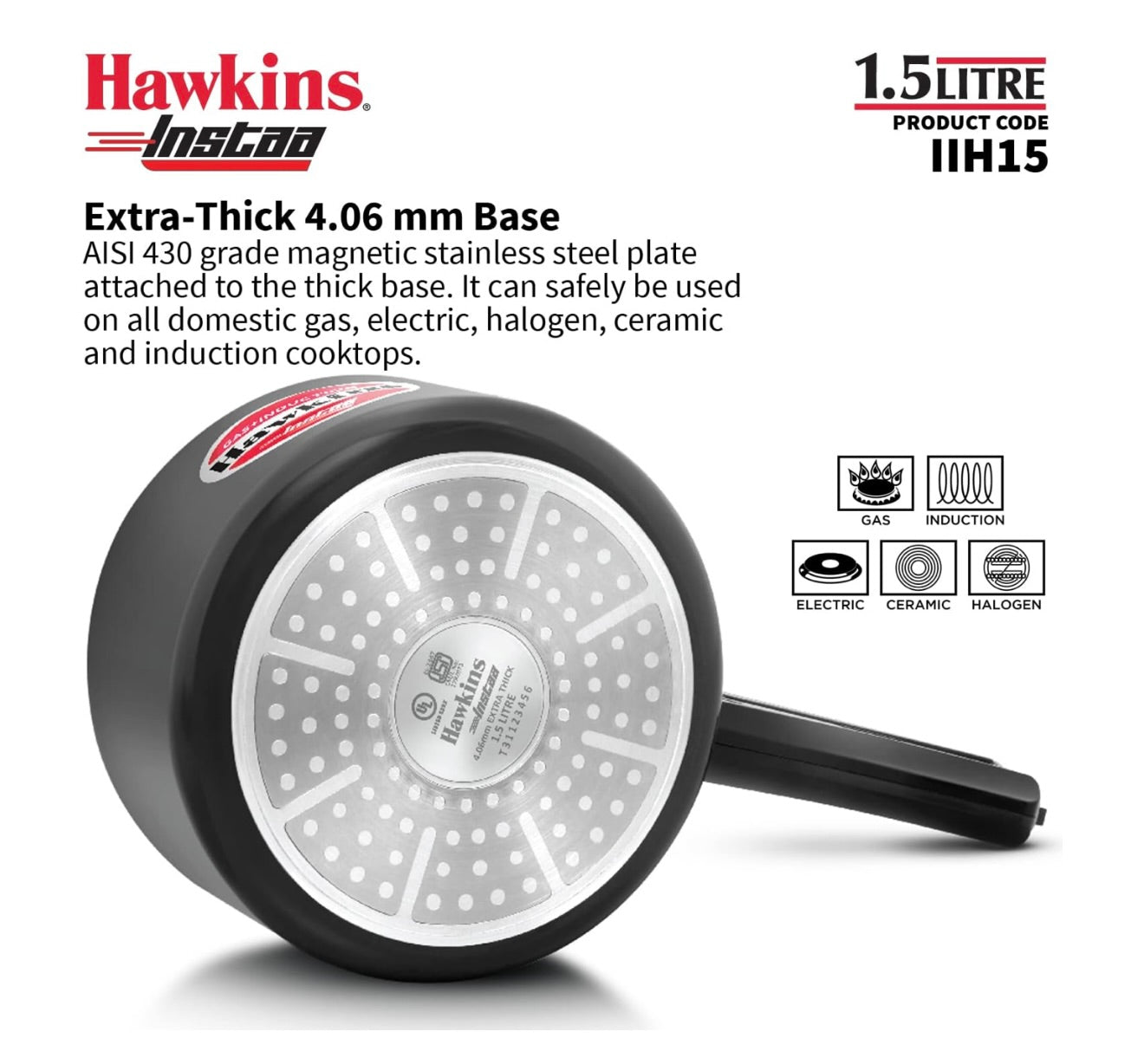 Hawkins 1.5 Litre Instaa Pressure Cooker, Induction Inner Lid Cooker, Tall Body Hard Anodised Baby Cooker, Best Black Cooker, Black (IIH15)