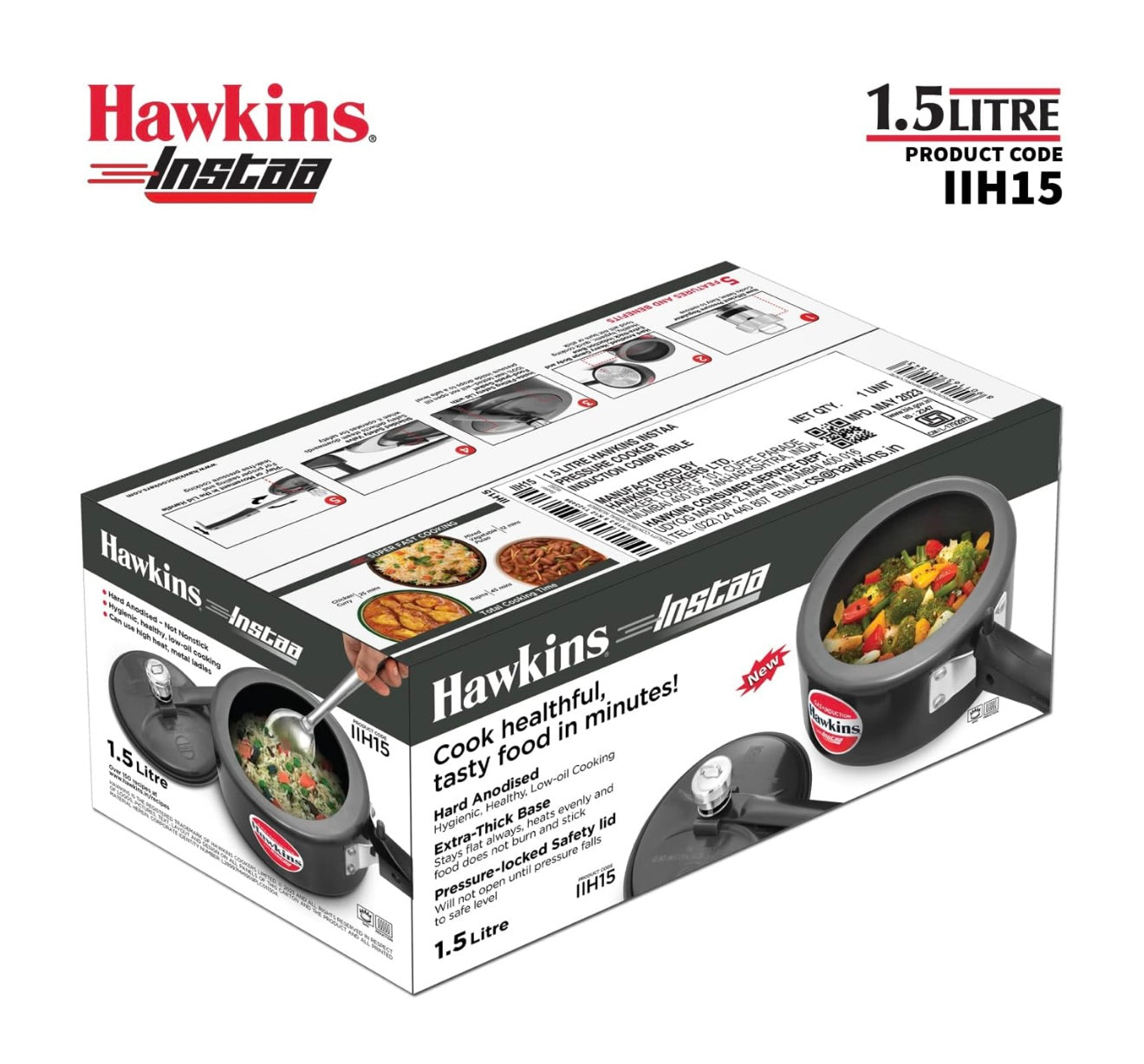 Hawkins 1.5 Litre Instaa Pressure Cooker, Induction Inner Lid Cooker, Tall Body Hard Anodised Baby Cooker, Best Black Cooker, Black (IIH15)