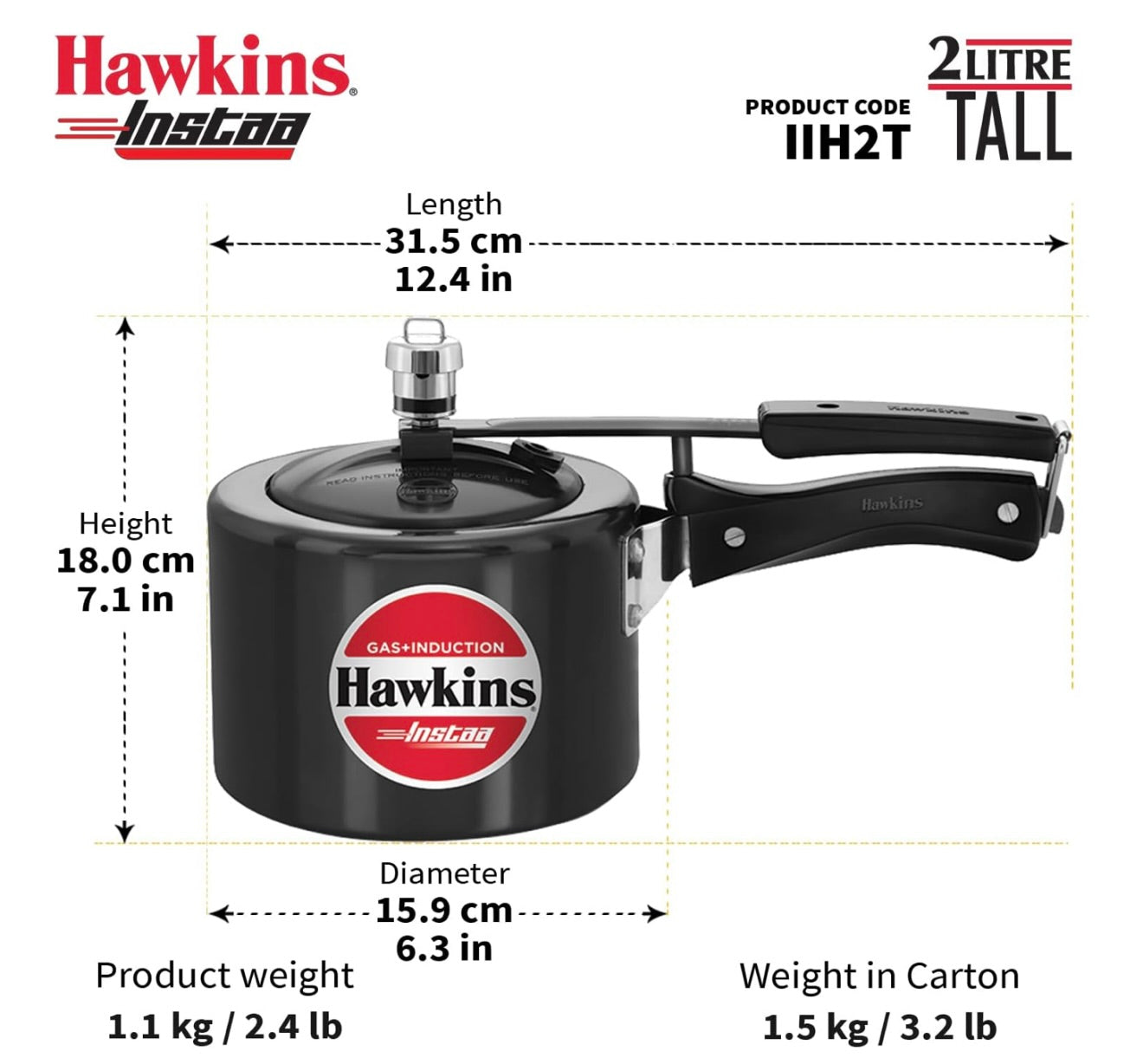 Hawkins 2 Litre Instaa Pressure Cooker, Induction Inner Lid Cooker, Tall Body Hard Anodised Cooker, Best Black Cooker, Black (IIH2T)