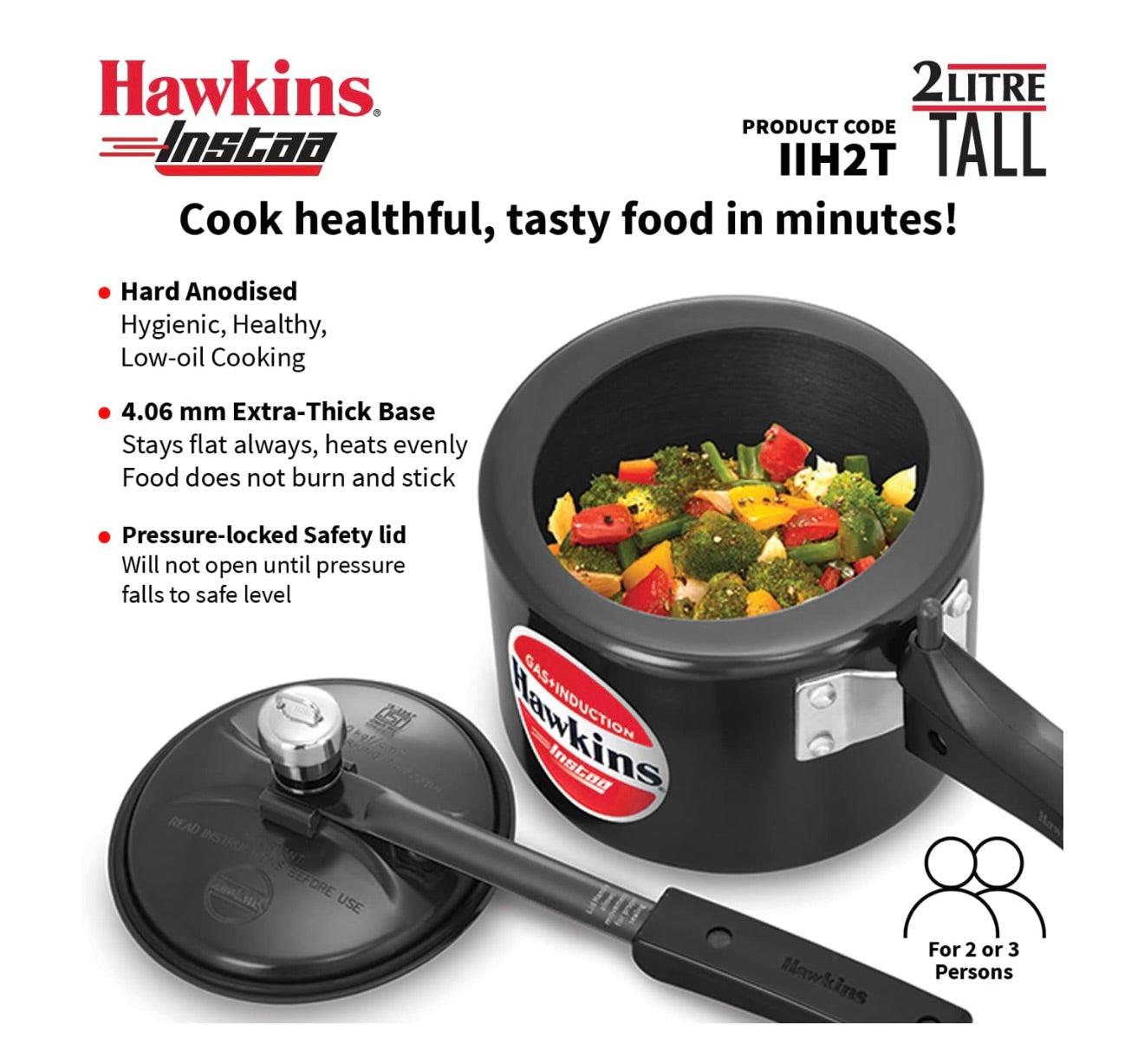 Hawkins 2 Litre Instaa Pressure Cooker, Induction Inner Lid Cooker, Tall Body Hard Anodised Cooker, Best Black Cooker, Black (IIH2T)