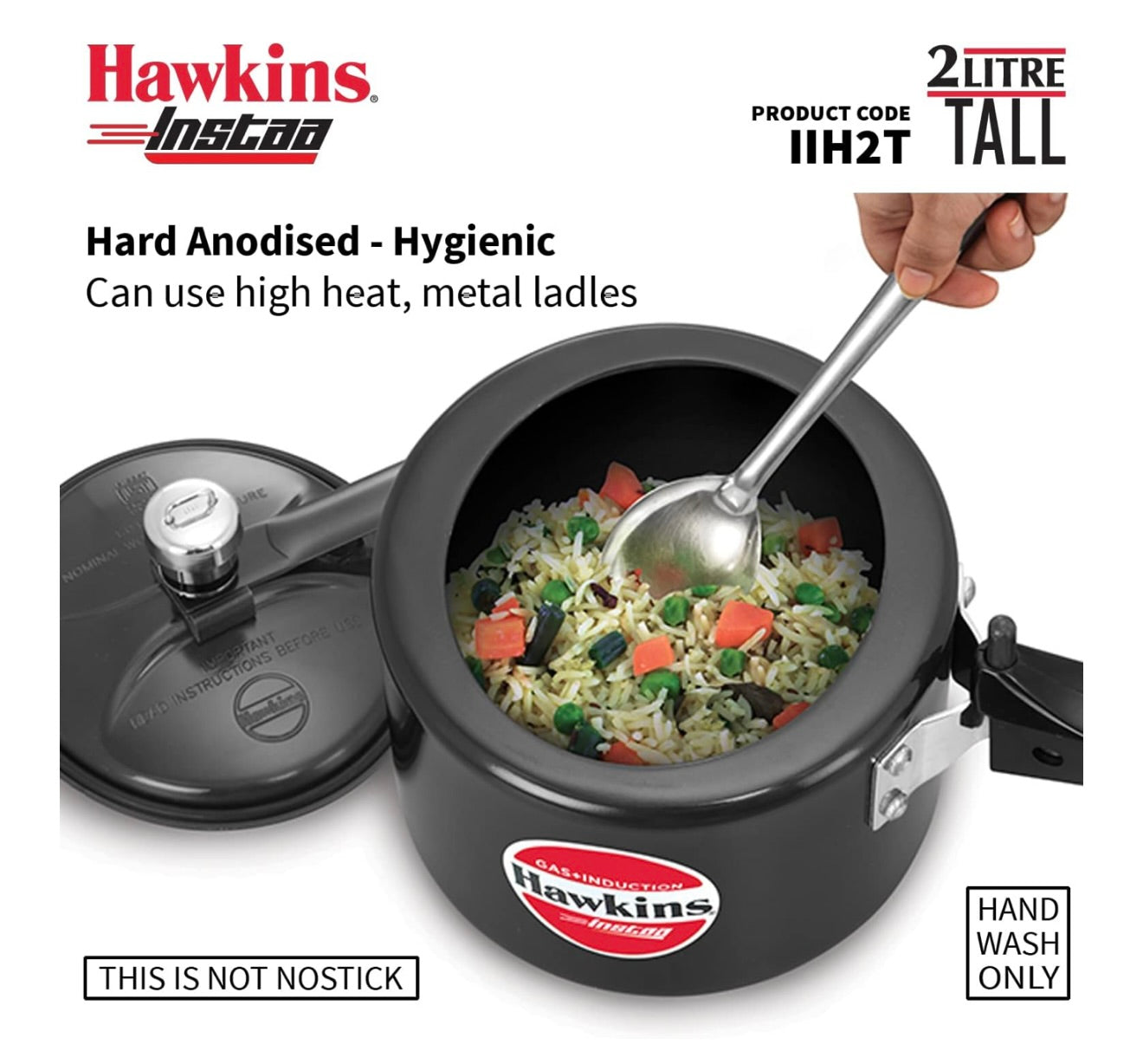Hawkins 2 Litre Instaa Pressure Cooker, Induction Inner Lid Cooker, Tall Body Hard Anodised Cooker, Best Black Cooker, Black (IIH2T)