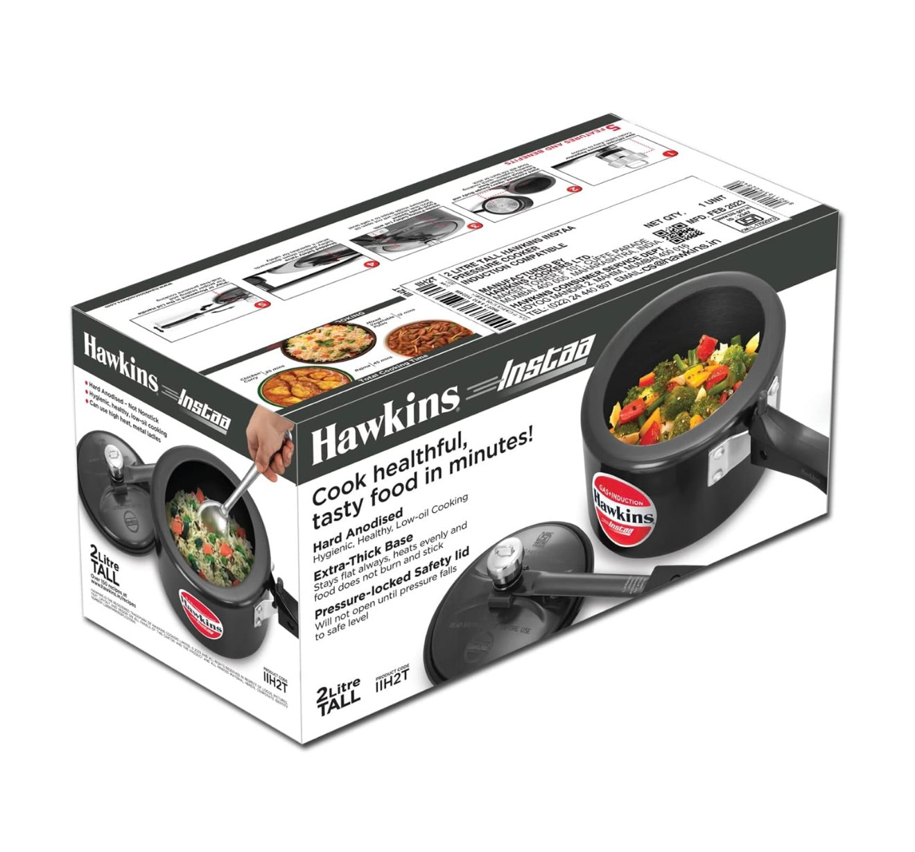 Hawkins 2 Litre Instaa Pressure Cooker, Induction Inner Lid Cooker, Tall Body Hard Anodised Cooker, Best Black Cooker, Black (IIH2T)