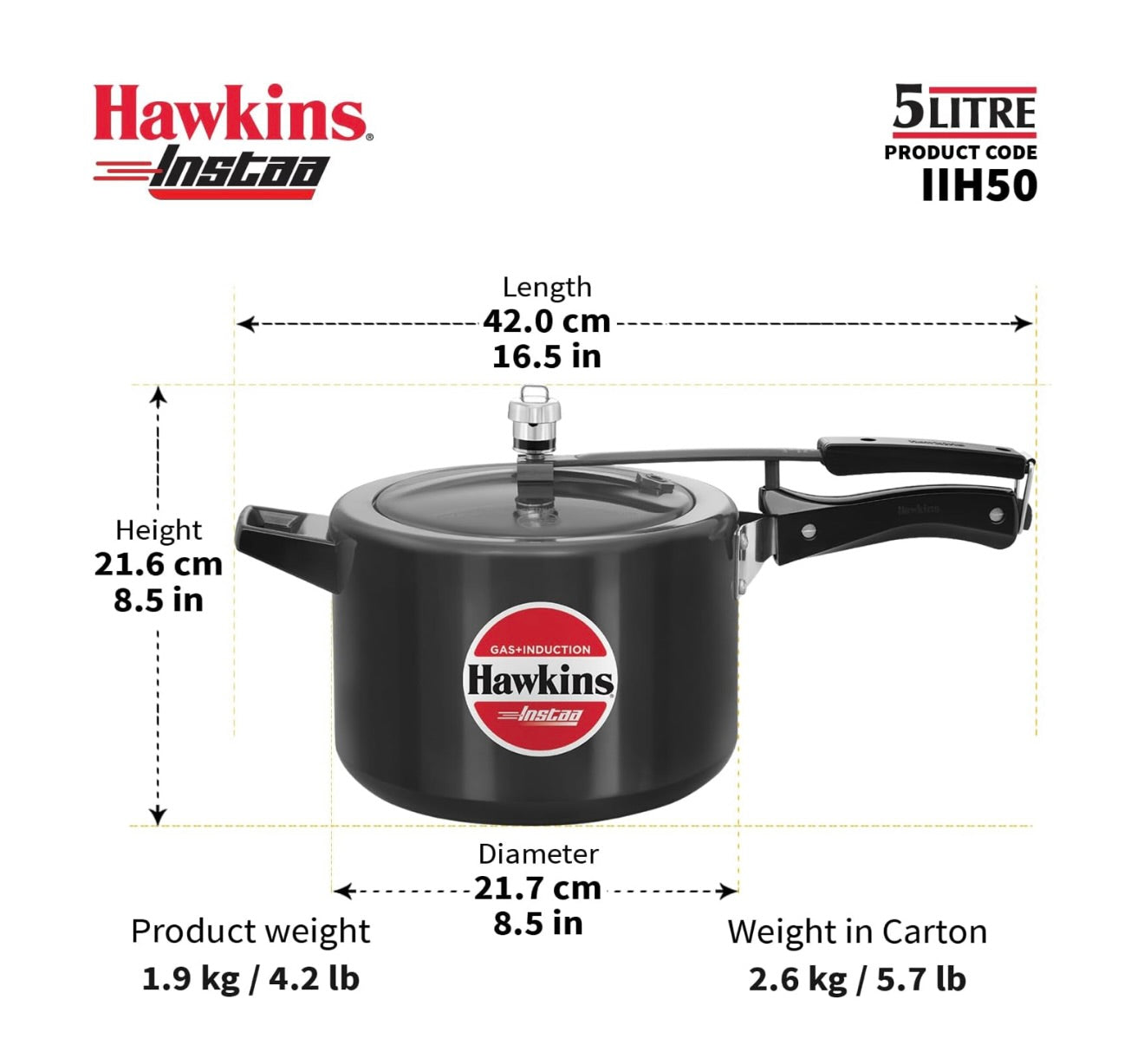 Hawkins 5 Litre Instaa Pressure Cooker, Induction Inner Lid Cooker, Tall Body Hard Anodised Cooker, Best Black Cooker, Black (IIH50)