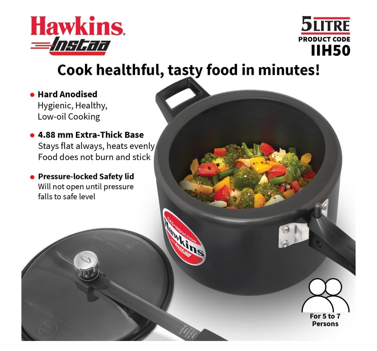 Hawkins 5 Litre Instaa Pressure Cooker, Induction Inner Lid Cooker, Tall Body Hard Anodised Cooker, Best Black Cooker, Black (IIH50)