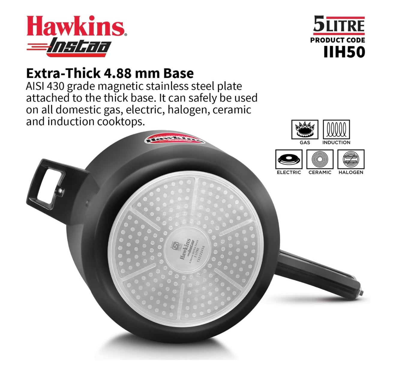 Hawkins 5 Litre Instaa Pressure Cooker, Induction Inner Lid Cooker, Tall Body Hard Anodised Cooker, Best Black Cooker, Black (IIH50)