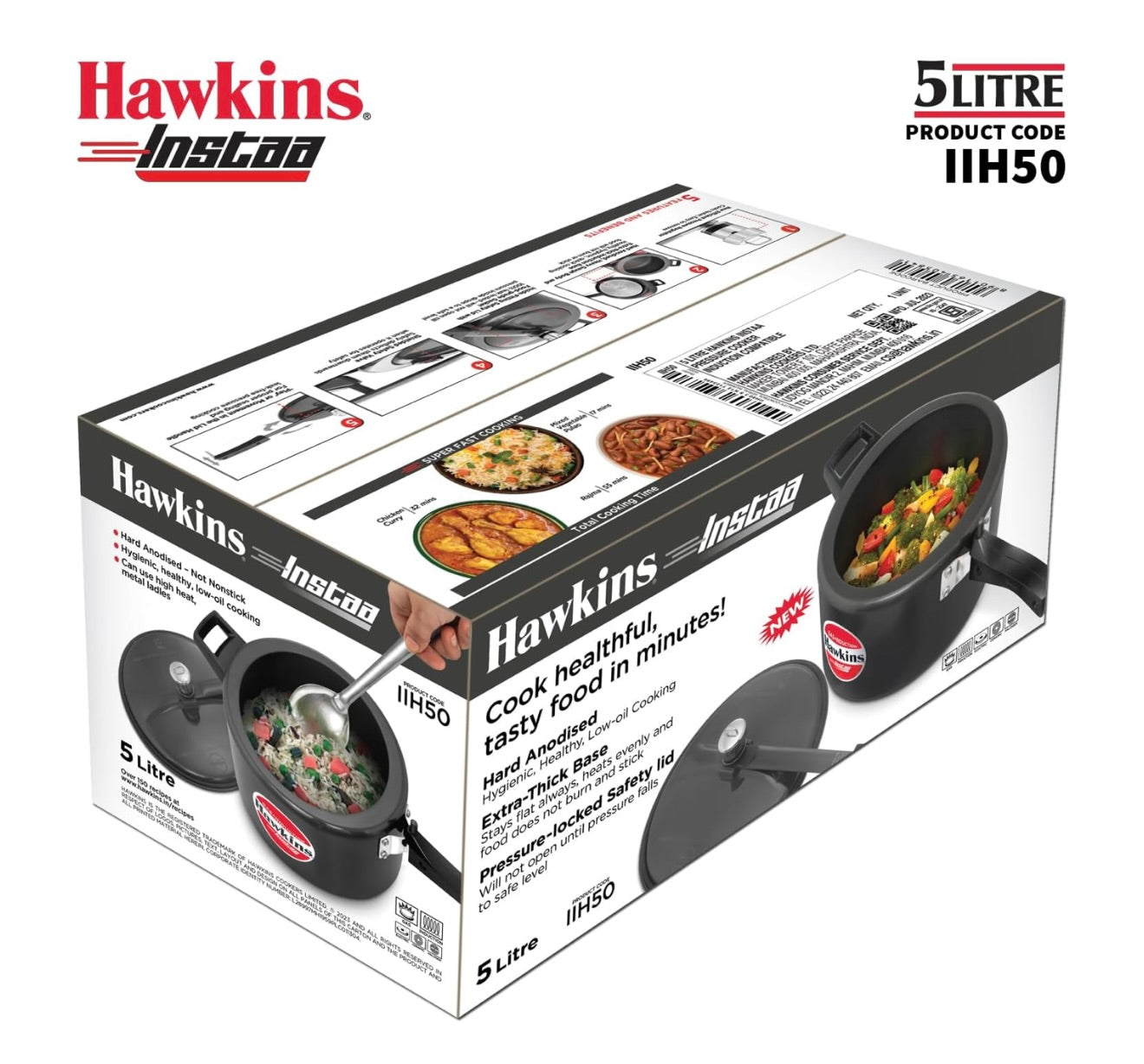 Hawkins 5 Litre Instaa Pressure Cooker, Induction Inner Lid Cooker, Tall Body Hard Anodised Cooker, Best Black Cooker, Black (IIH50)