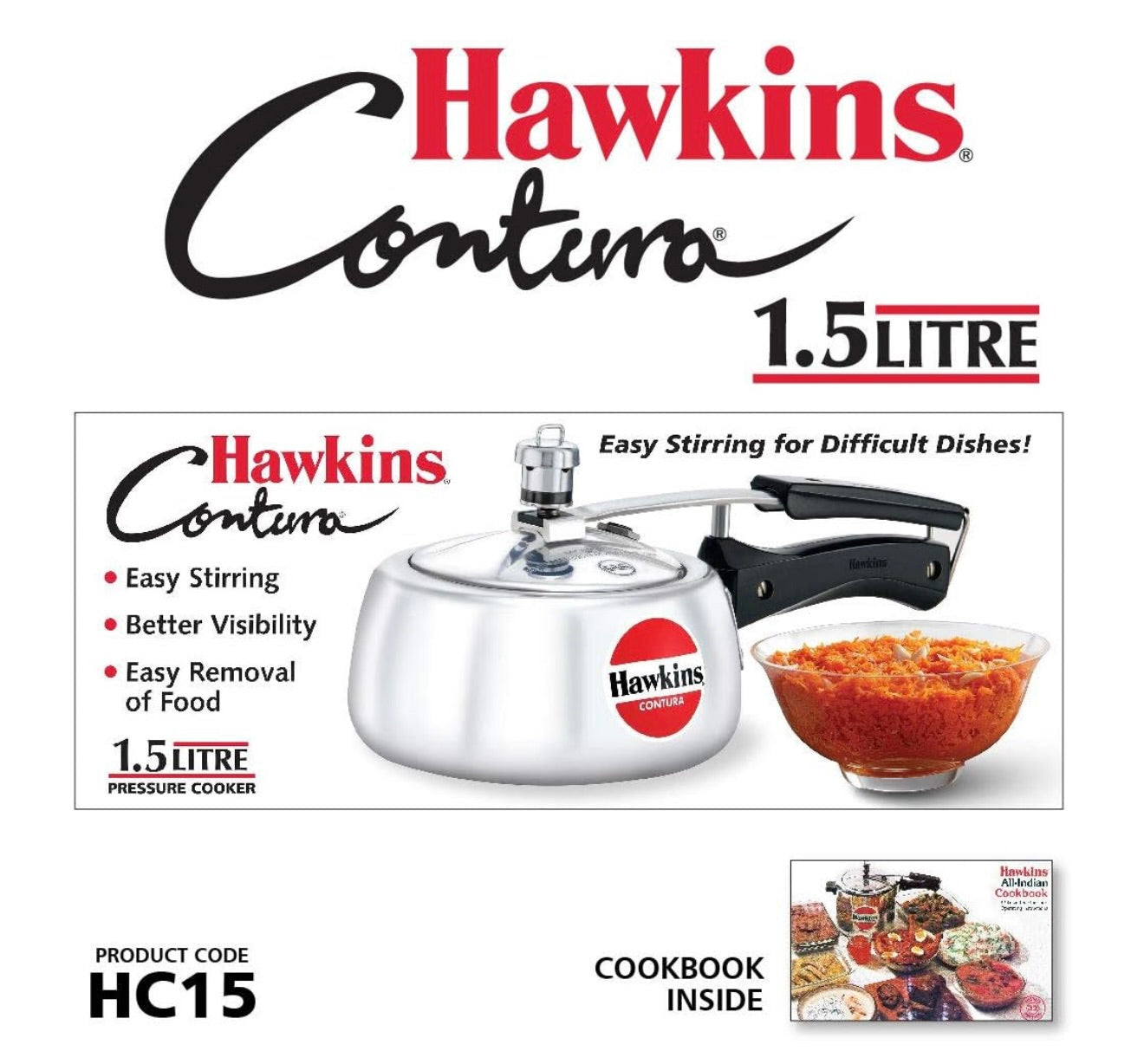 Hawkins 1.5 Litre Contura Pressure Cooker, Handi Inner Lid Baby Cooker, Silver (HC15